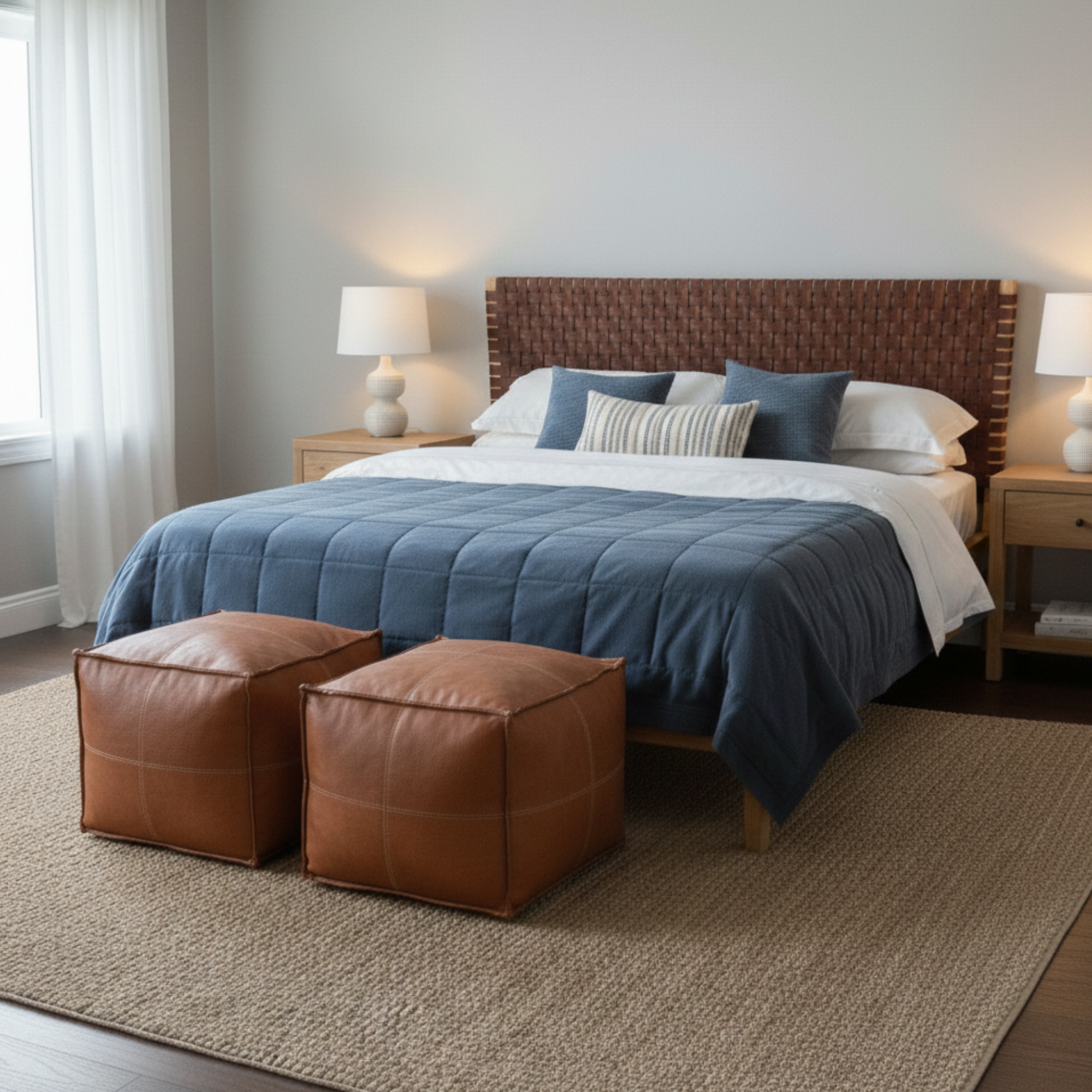 Leather Strap Headboard | Handcrafted Teak Wood with 2 Free Poufs | Queen King Cal King