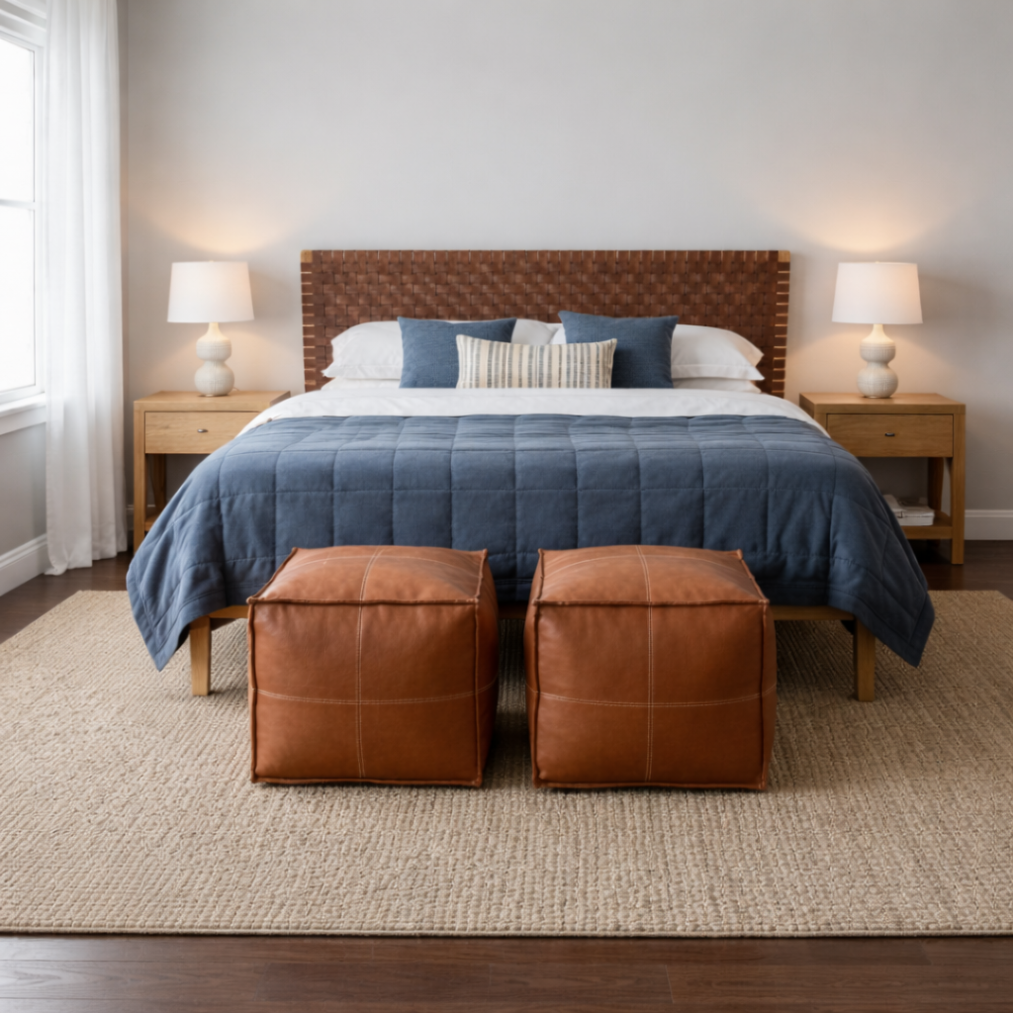 Leather Strap Headboard | Handcrafted Teak Wood with 2 Free Poufs | Queen King Cal King