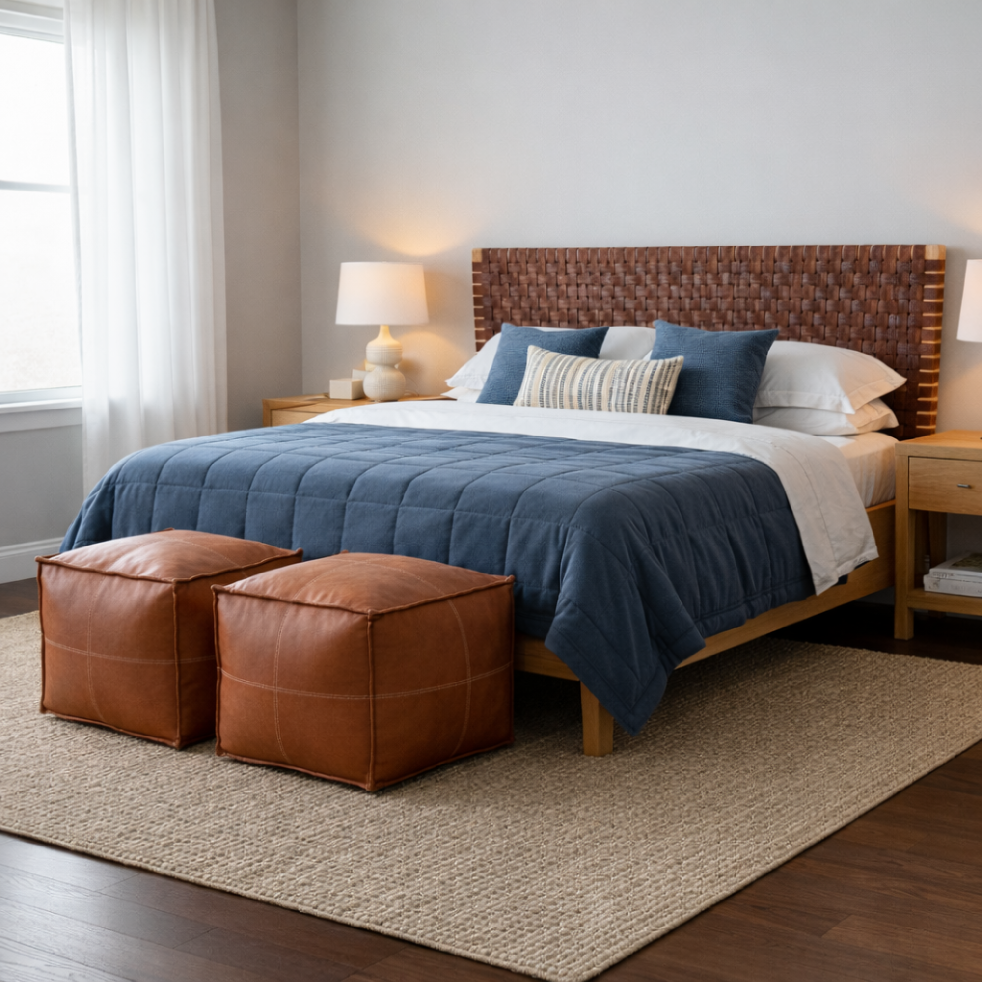 Leather Strap Headboard | Handcrafted Teak Wood with 2 Free Poufs | Queen King Cal King