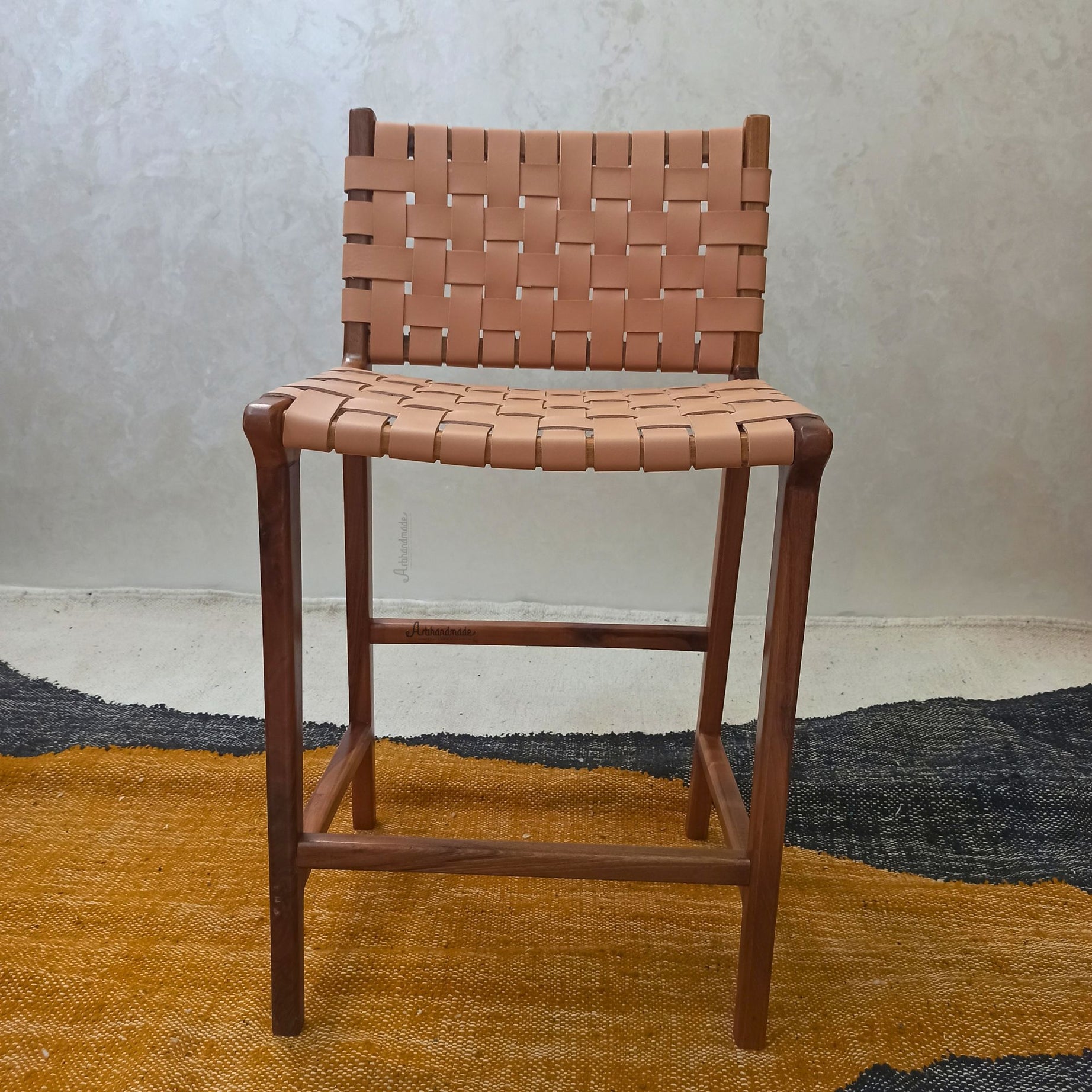 Walnut Counter Stools, Natural Teak Wood With beige Leather.