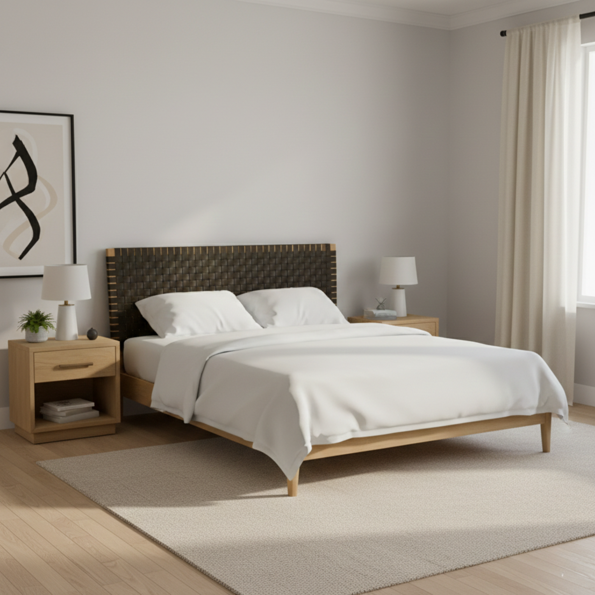 Modern bedroom with a wooden bed and matching nightstands.