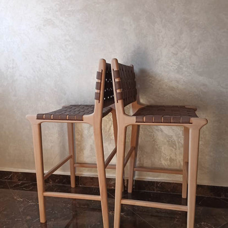 Leather Strap Counter Stool - Natural Teak Wood With Drak Brown Leather