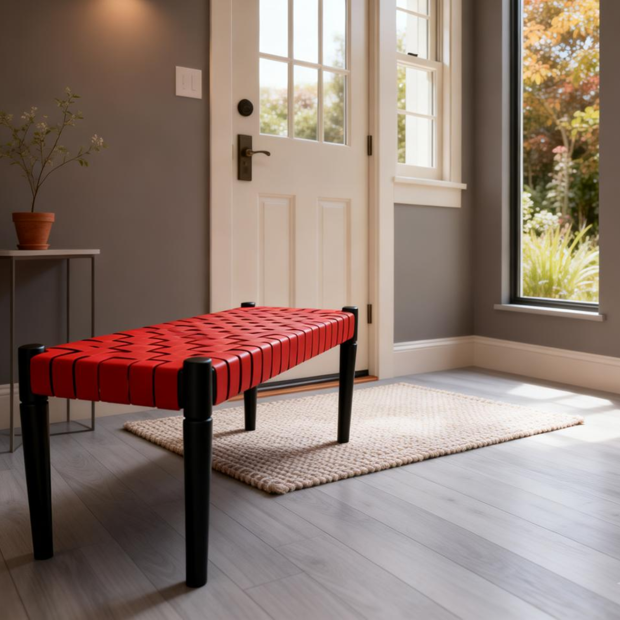 Red bench with black legs in a room with a door and windows.