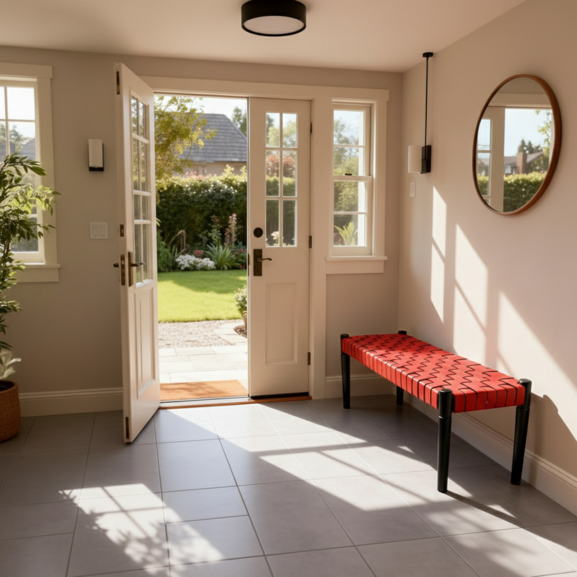 Sunlit hallway with open door leading to garden, red bench, and round mirror.