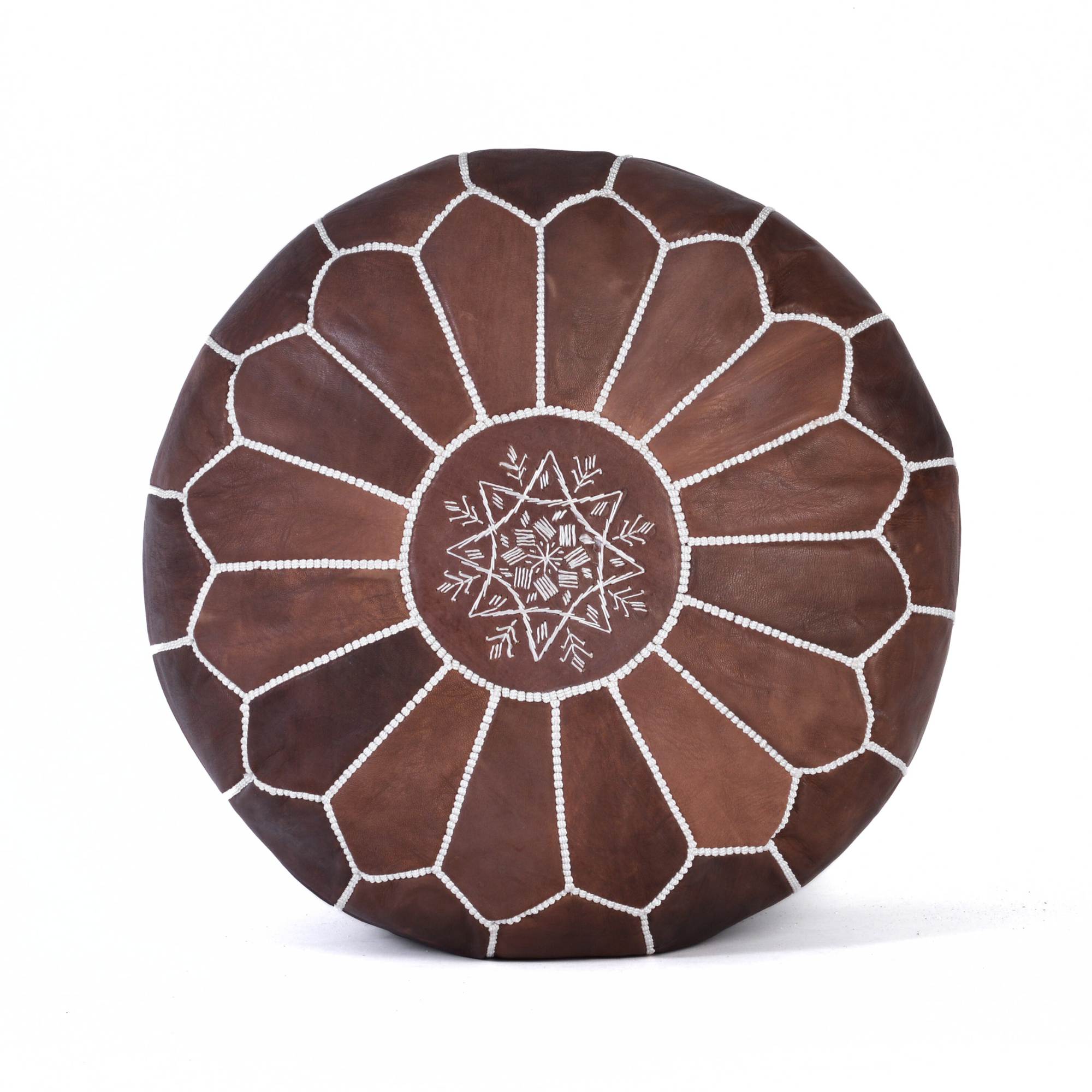 Hand-stitched Embroidery Genuine Leather Ottoman Pouf - Brown