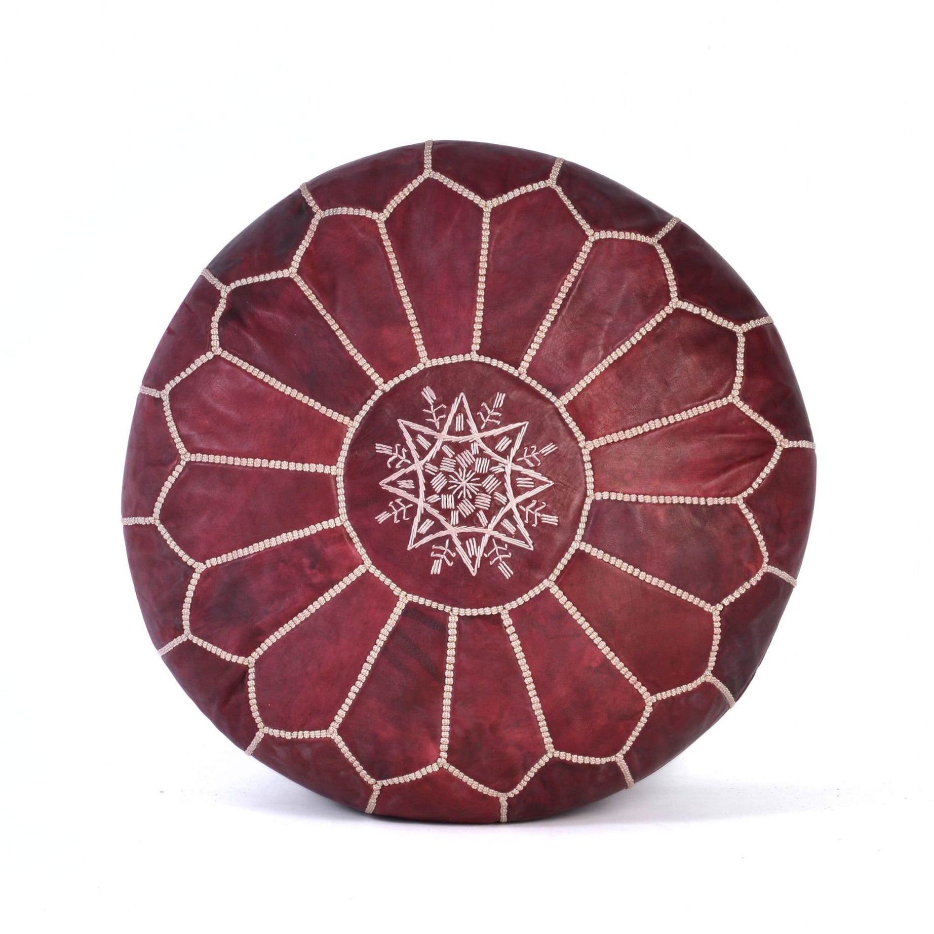 Hand-stitched Embroidery Genuine Leather Ottoman Pouf - Best Burgundy