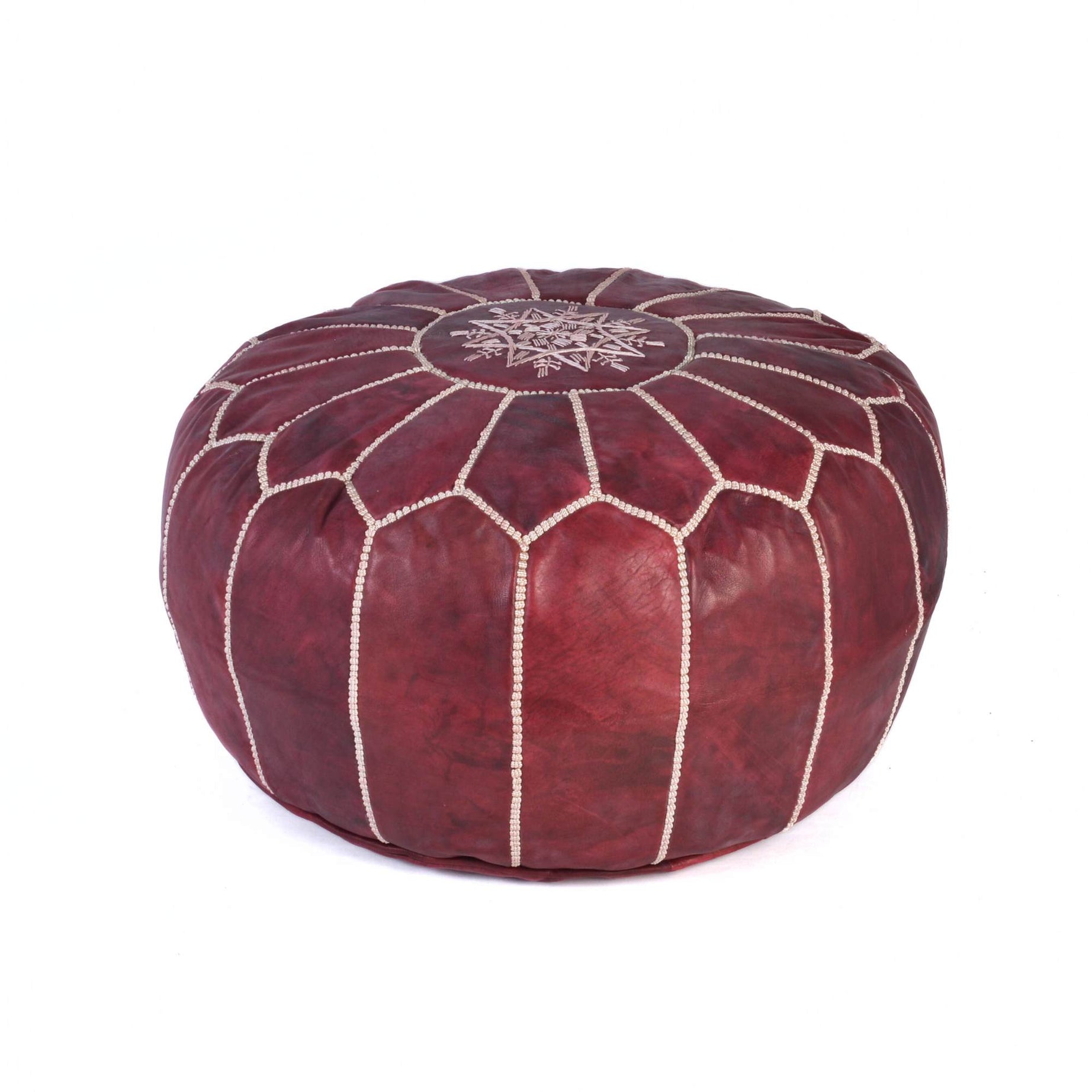 Hand-stitched Embroidery Genuine Leather Ottoman Pouf - Best Burgundy