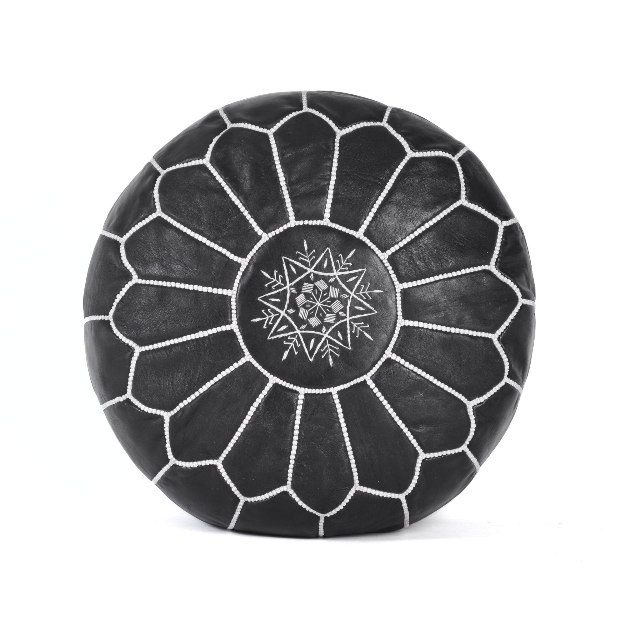 Hand-stitched Embroidery Genuine Leather Ottoman Pouf - Black