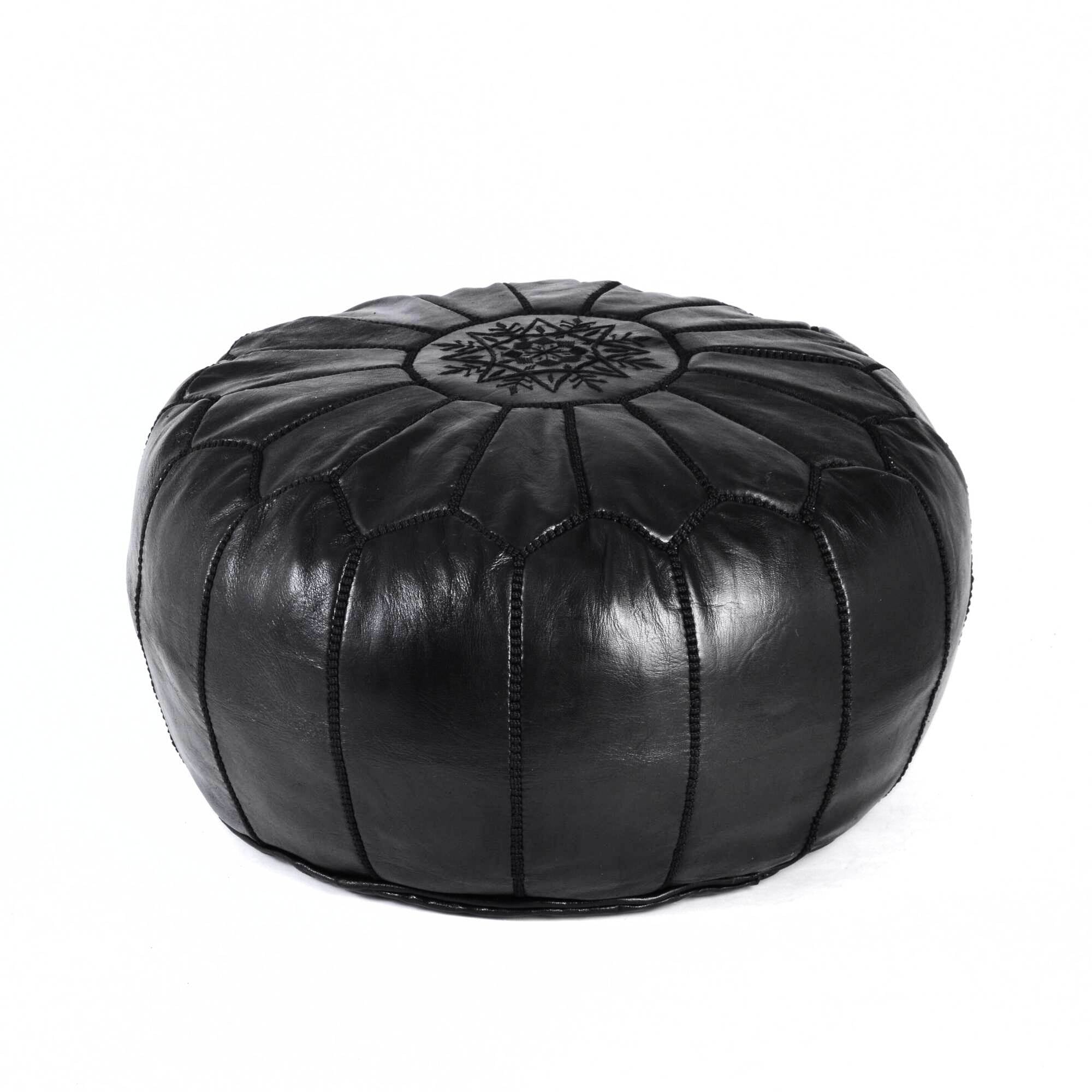 Hand-stitched Embroidery Genuine Leather Ottoman Pouf - Black 2