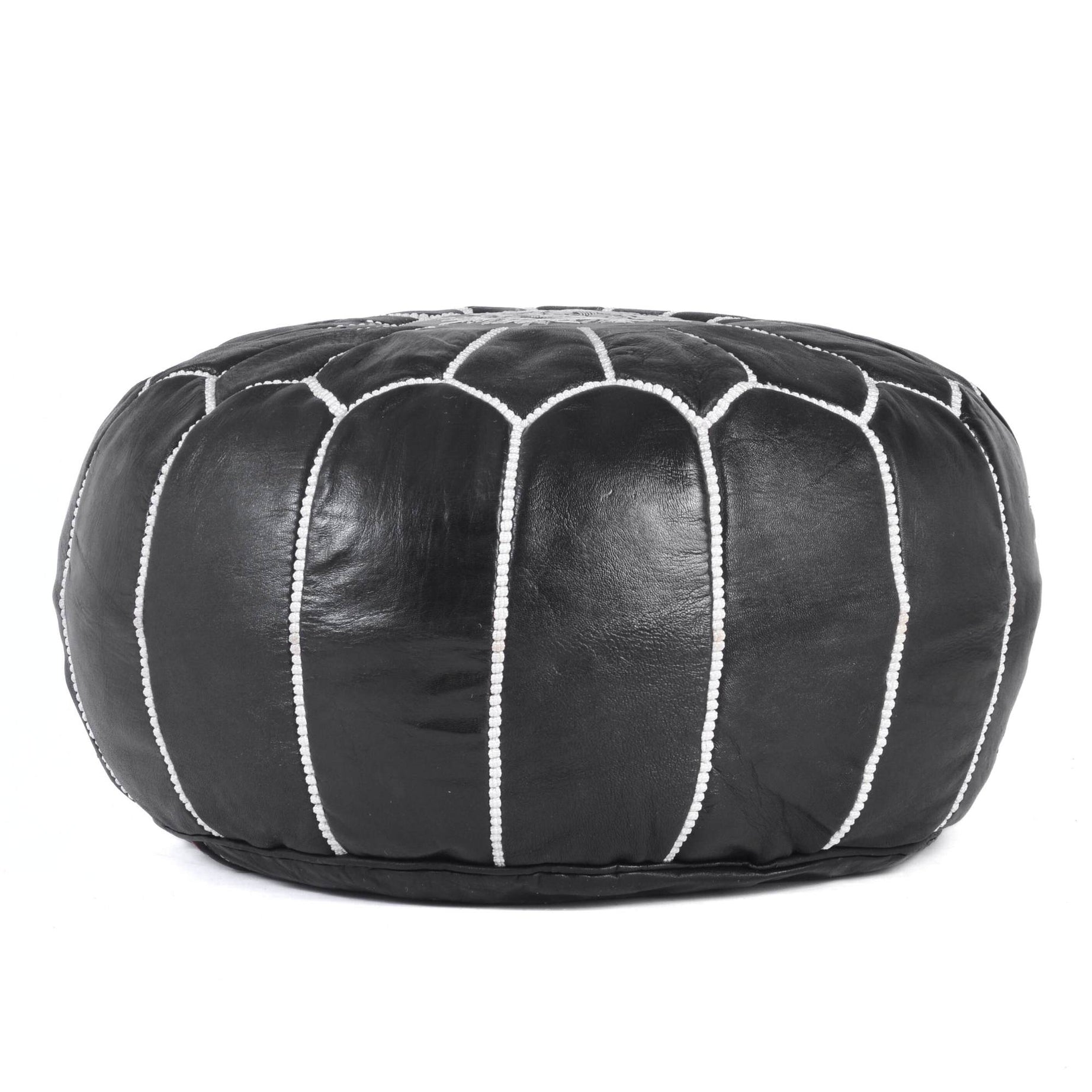 Hand-stitched Embroidery Genuine Leather Ottoman Pouf - Black