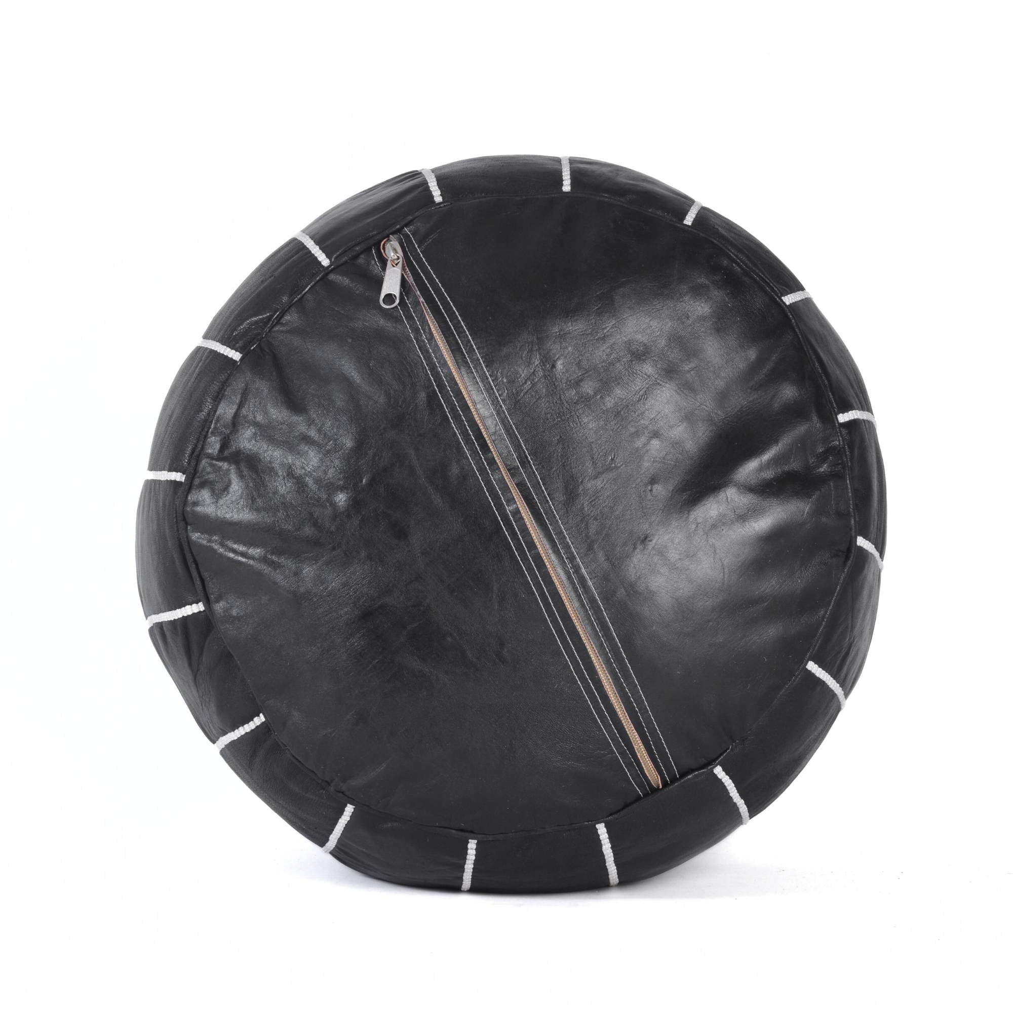 Hand-stitched Embroidery Genuine Leather Ottoman Pouf - Black