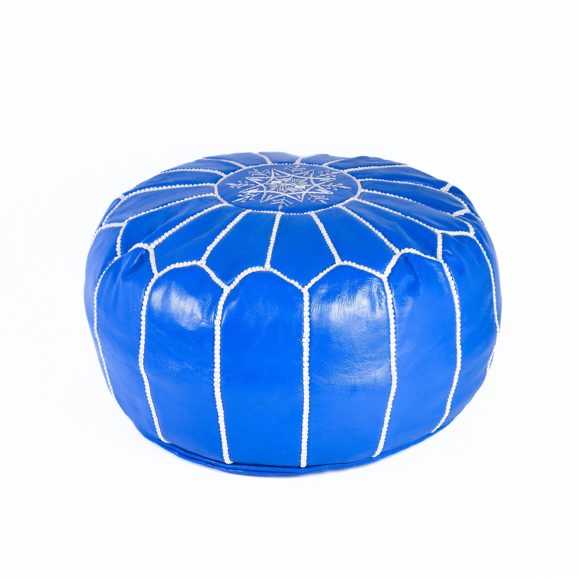 Hand-stitched Embroidery Genuine Leather Ottoman Pouf - Blue