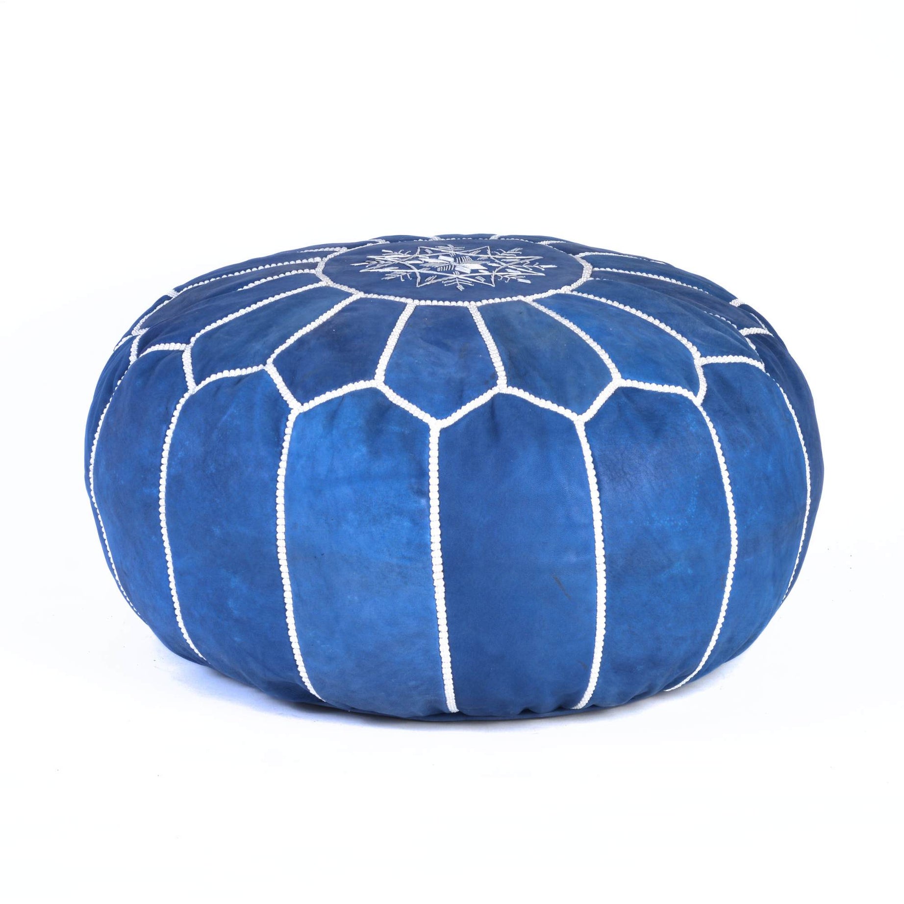 Hand-stitched Embroidery Genuine Leather Ottoman Pouf - Blue jeans