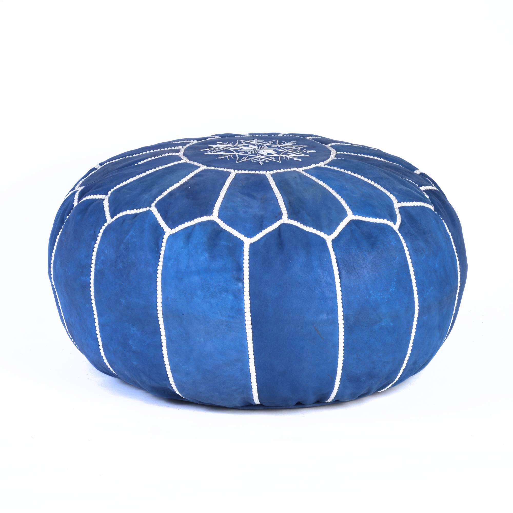 Hand-stitched Embroidery Genuine Leather Ottoman Pouf - Blue jeans