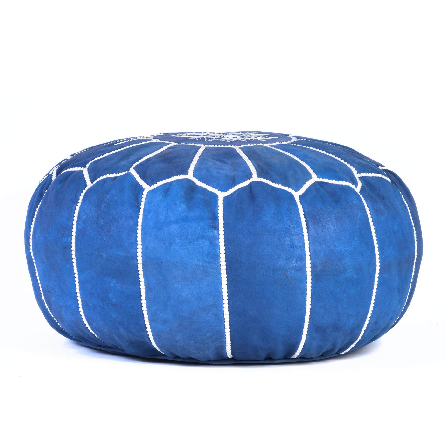 Hand-stitched Embroidery Genuine Leather Ottoman Pouf - Blue jeans