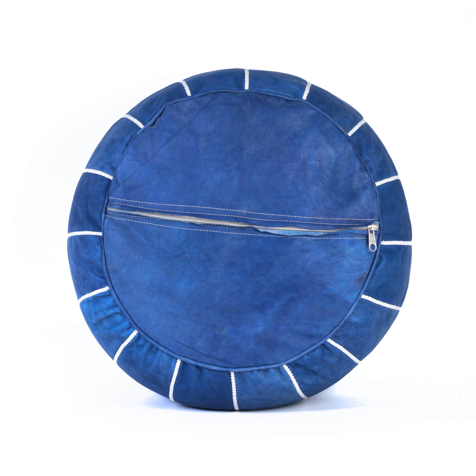 Hand-stitched Embroidery Genuine Leather Ottoman Pouf - Blue jeans