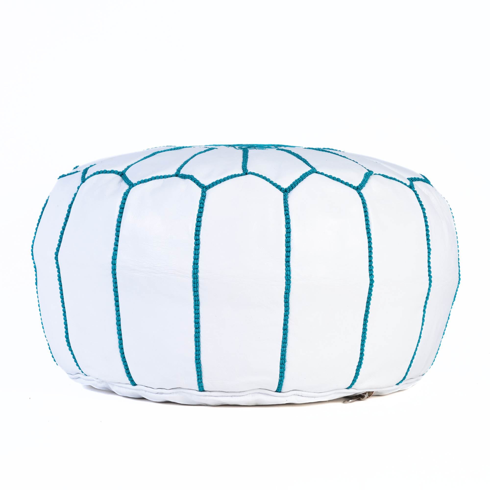 Hand-stitched Embroidery Genuine Leather Ottoman Pouf - Blue Sky