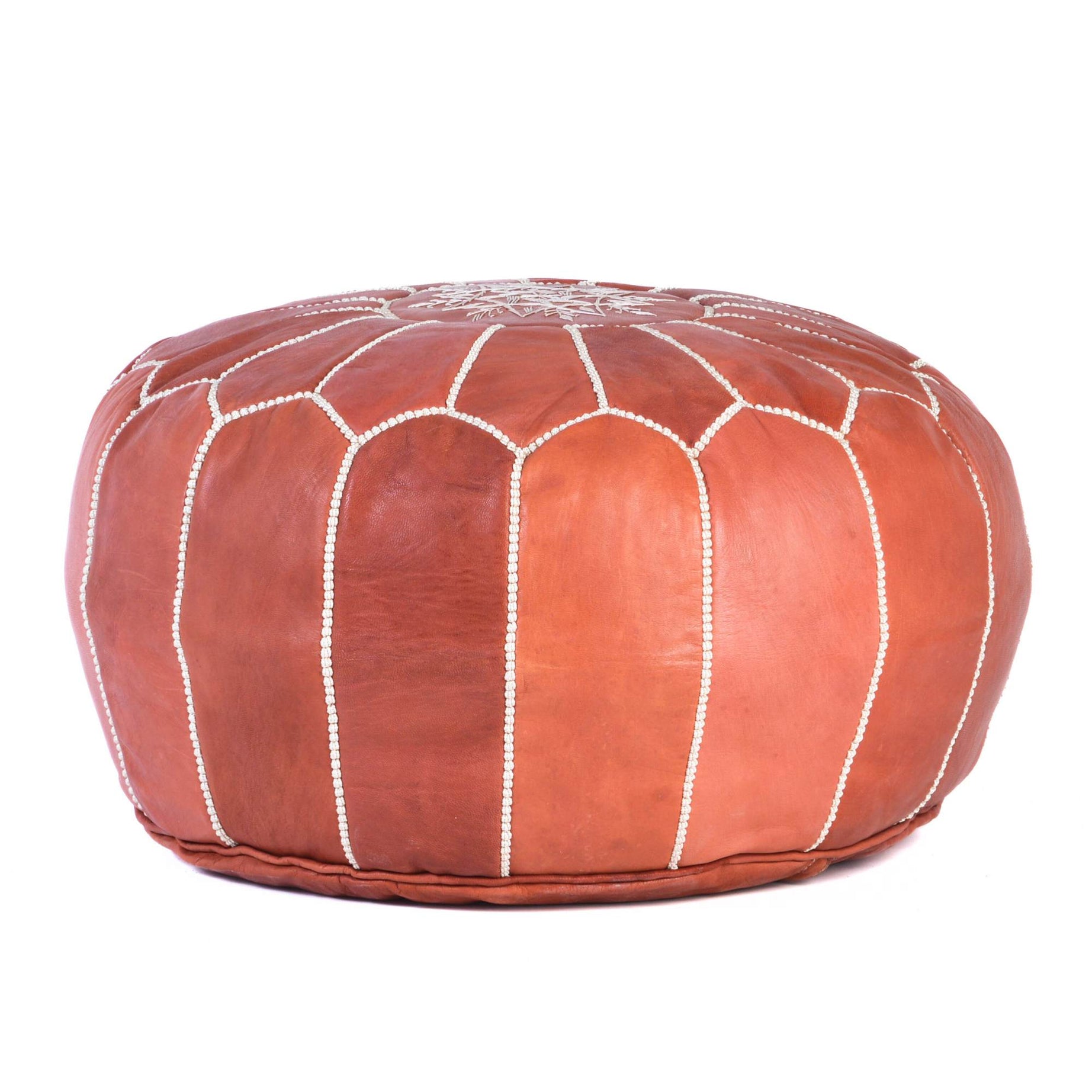 Hand-stitched Embroidery Genuine Leather Ottoman Pouf - Almond Brown