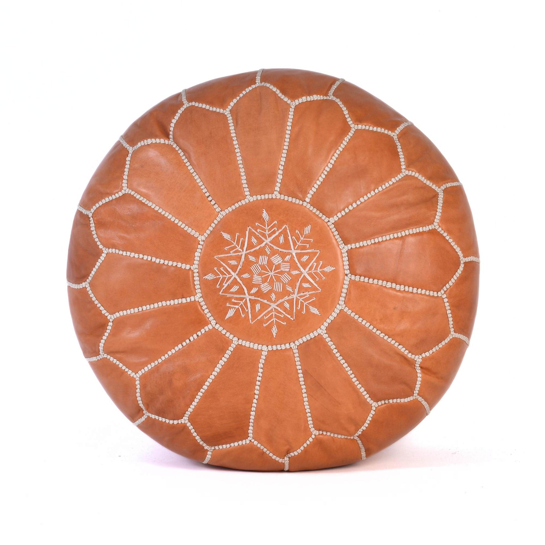 Hand-stitched Embroidery Genuine Leather Ottoman Pouf - Cognac