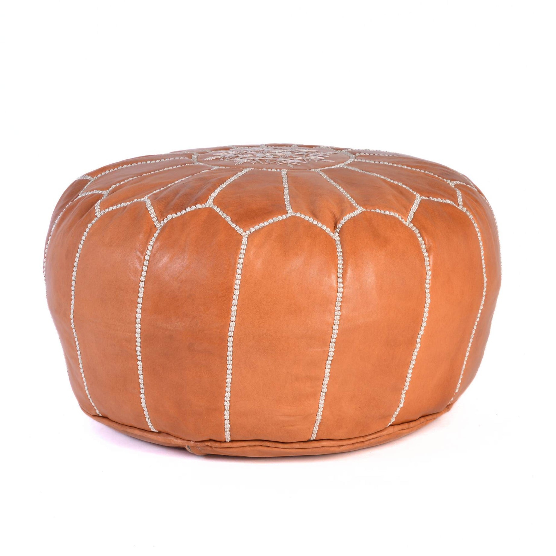 Hand-stitched Embroidery Genuine Leather Ottoman Pouf - Cognac