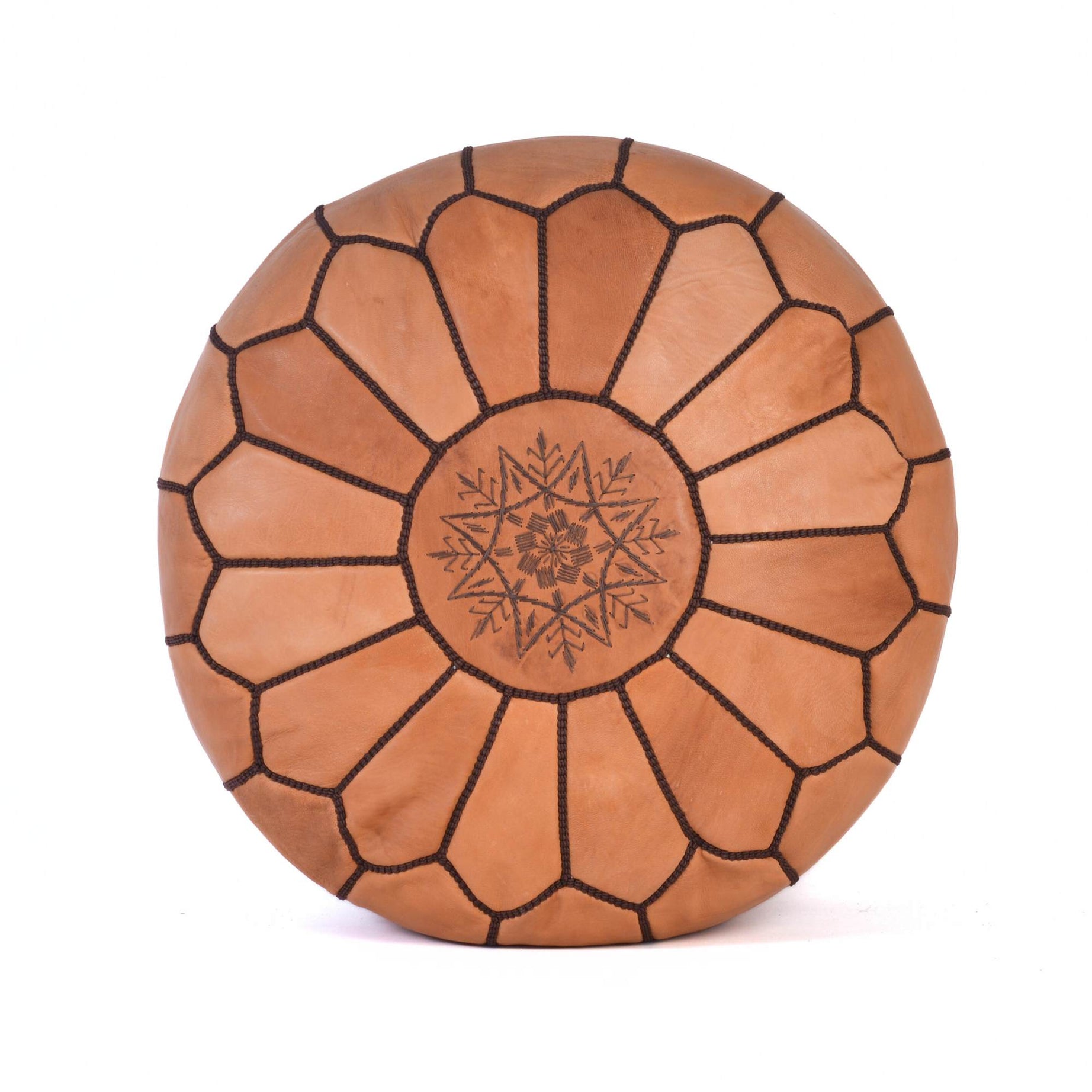 Hand-stitched Embroidery Genuine Leather Ottoman Pouf - Cognac Brown