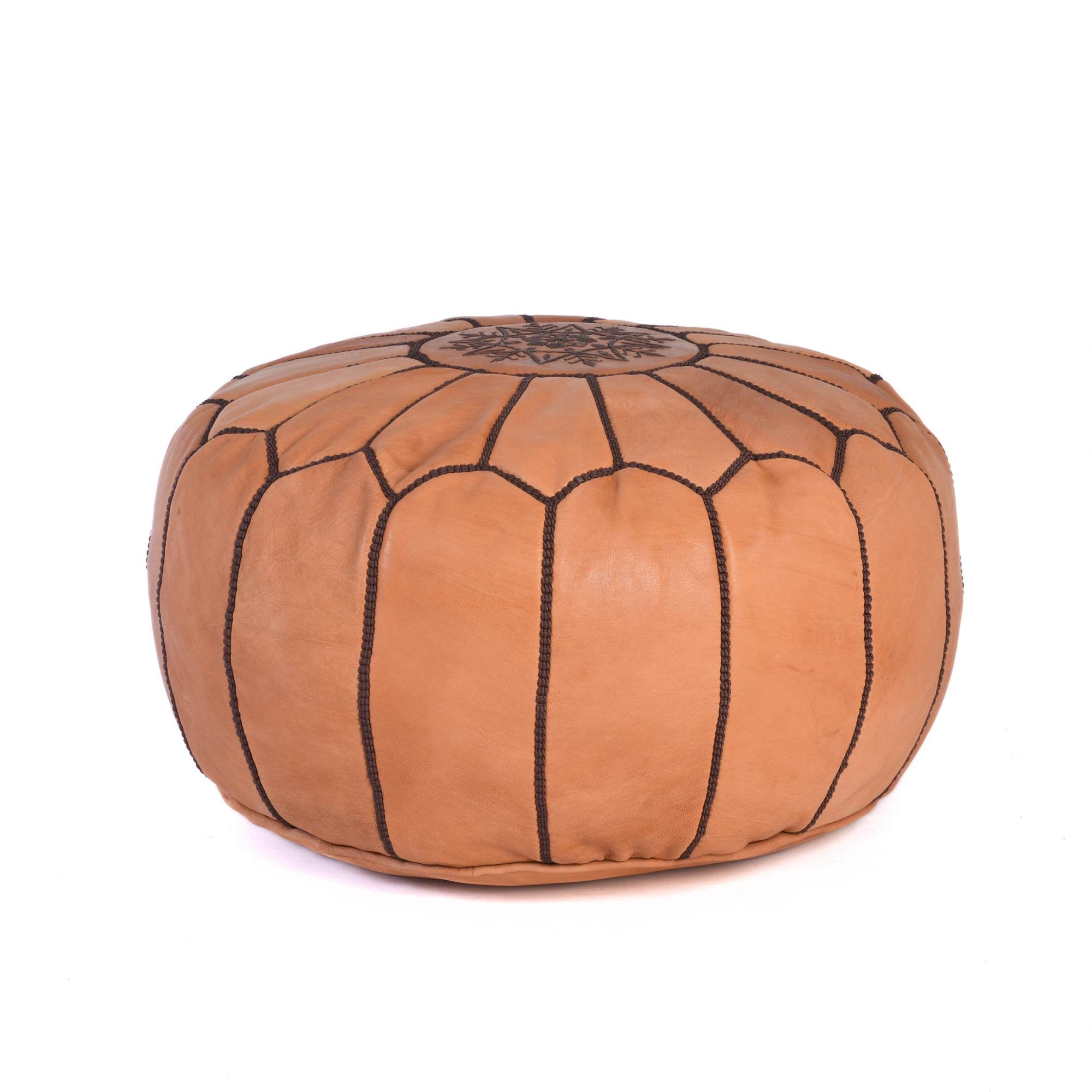 Hand-stitched Embroidery Genuine Leather Ottoman Pouf - Cognac Brown