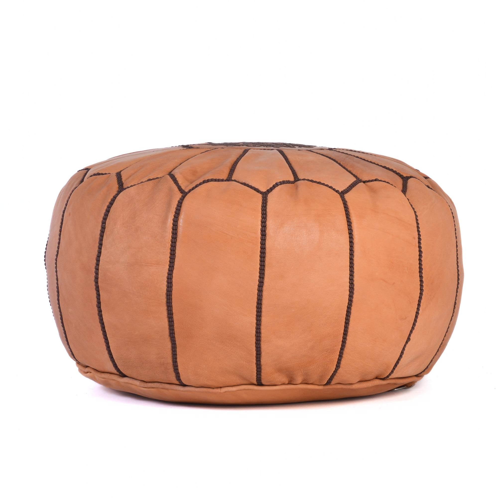 Hand-stitched Embroidery Genuine Leather Ottoman Pouf - Cognac Brown