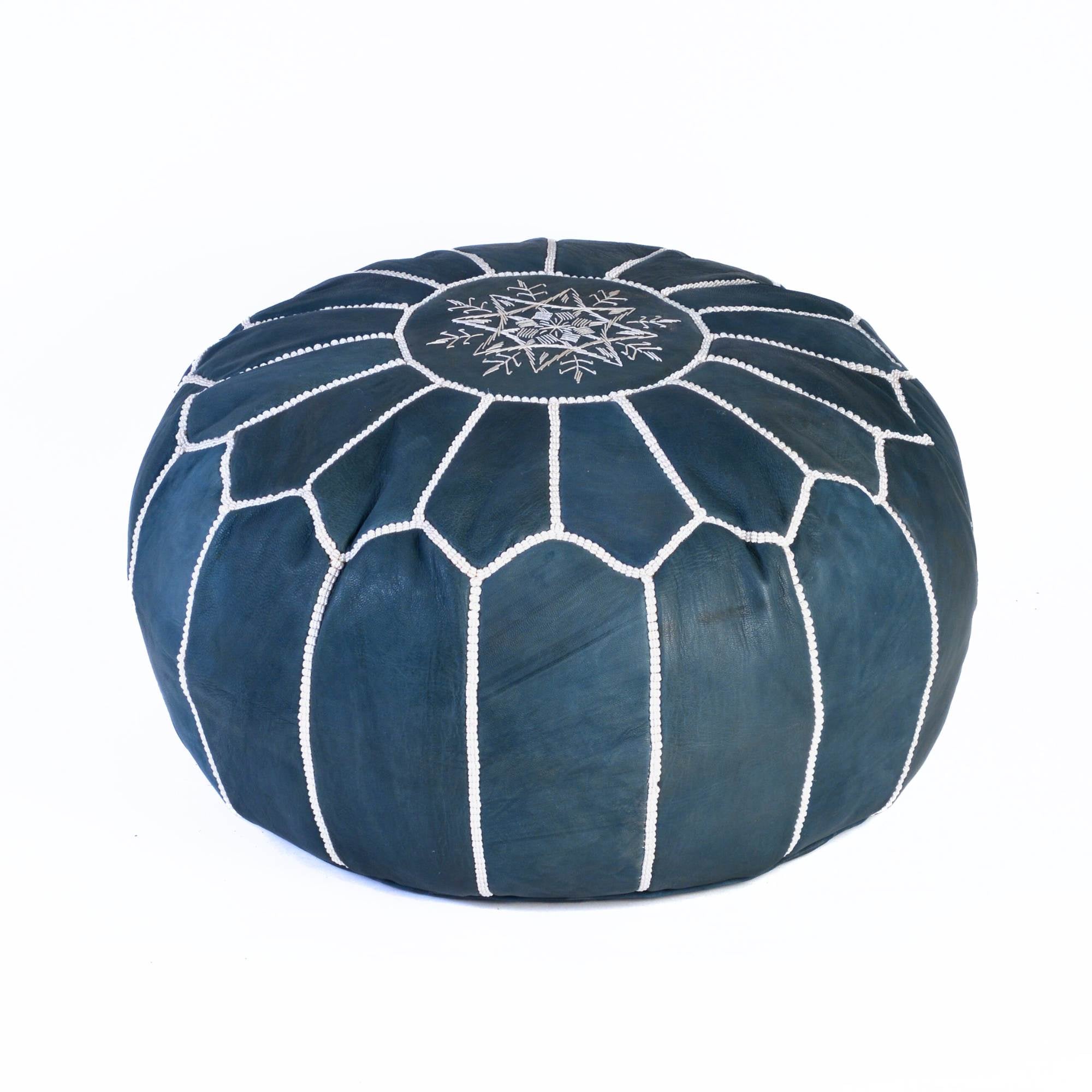Hand-stitched Embroidery Genuine Leather Ottoman Pouf - Dark Blue
