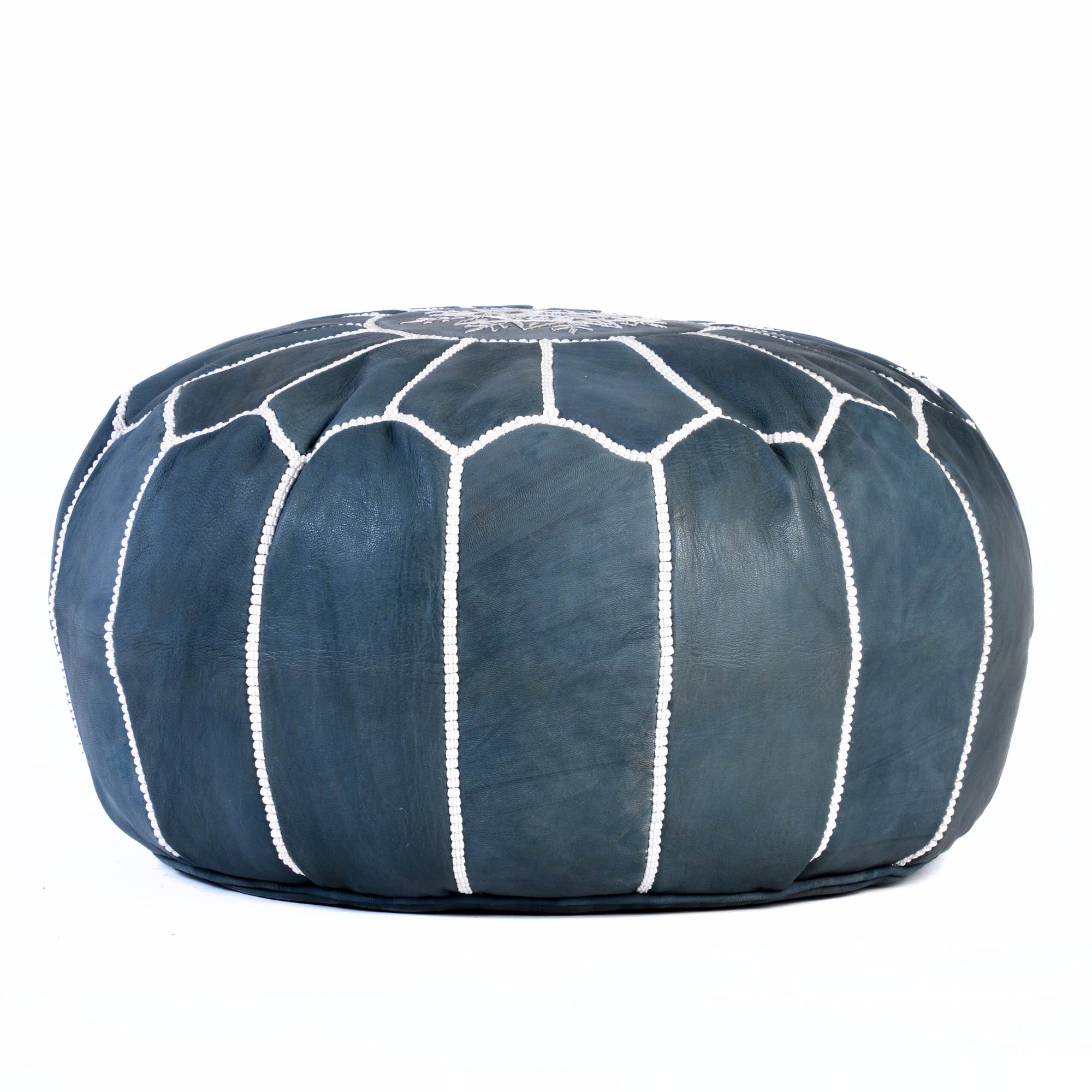 Hand-stitched Embroidery Genuine Leather Ottoman Pouf - Dark Blue