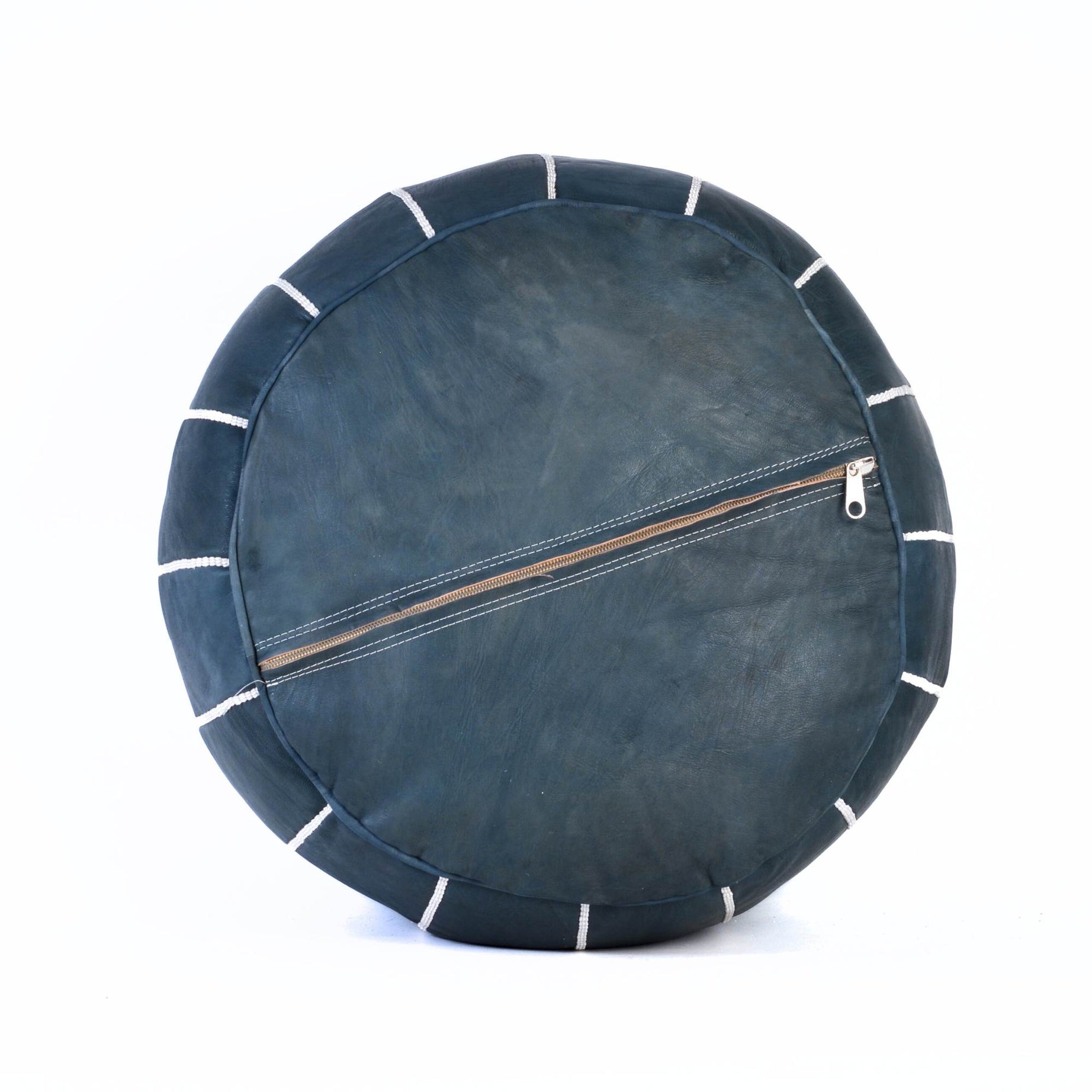 Hand-stitched Embroidery Genuine Leather Ottoman Pouf - Dark Blue