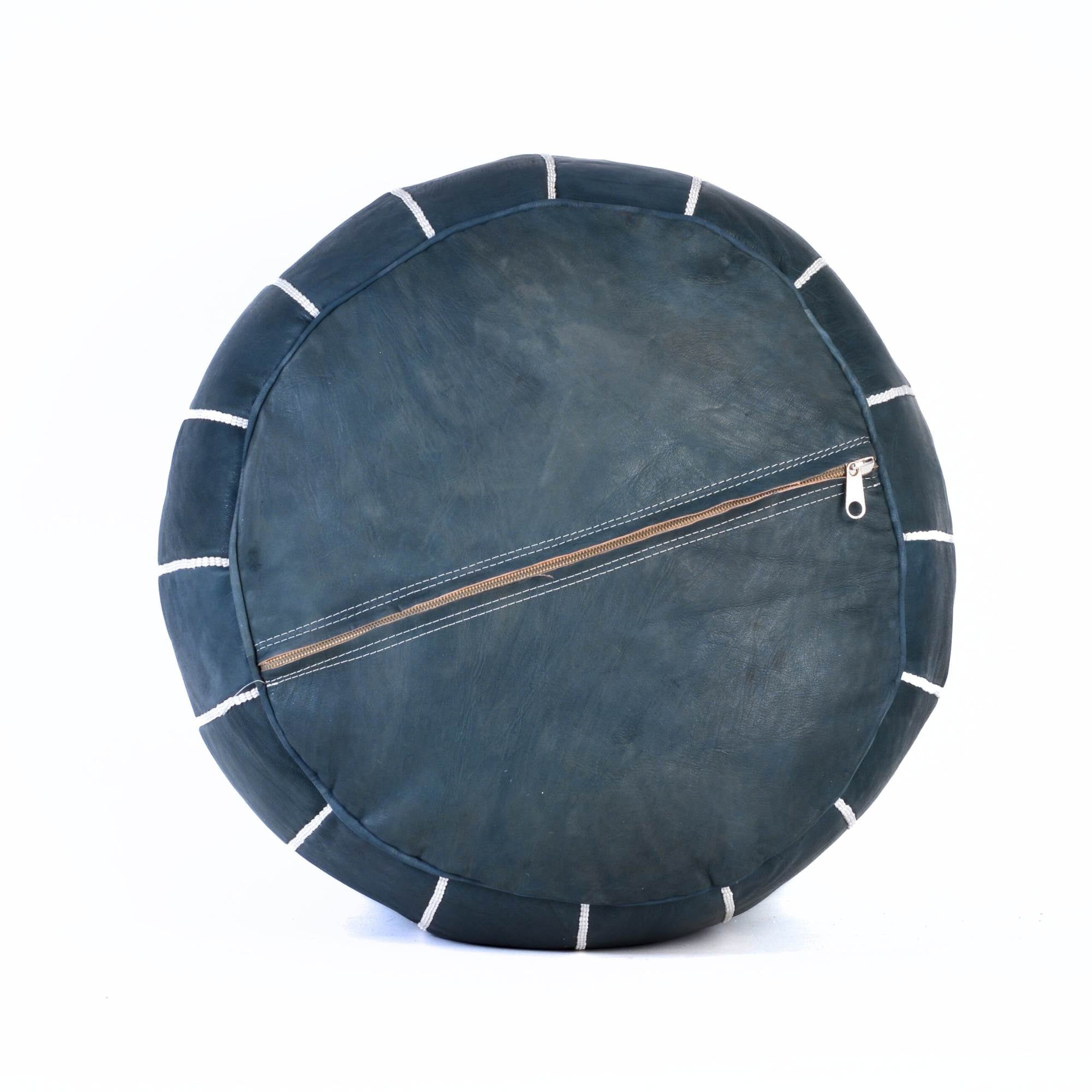 Hand-stitched Embroidery Genuine Leather Ottoman Pouf - Dark Blue