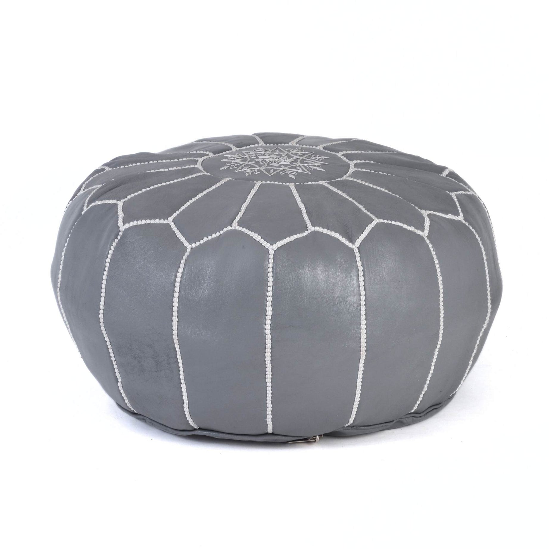 Hand-stitched Embroidery Genuine Leather Ottoman Pouf - Gray White
