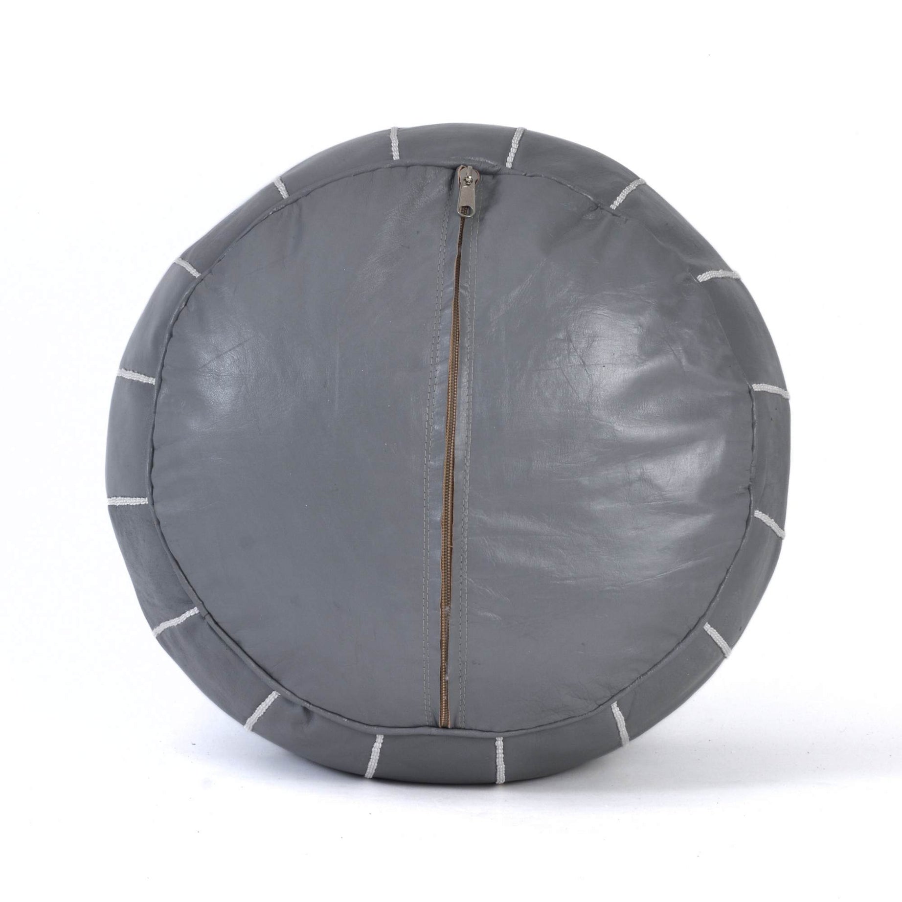 Hand-stitched Embroidery Genuine Leather Ottoman Pouf - Gray White