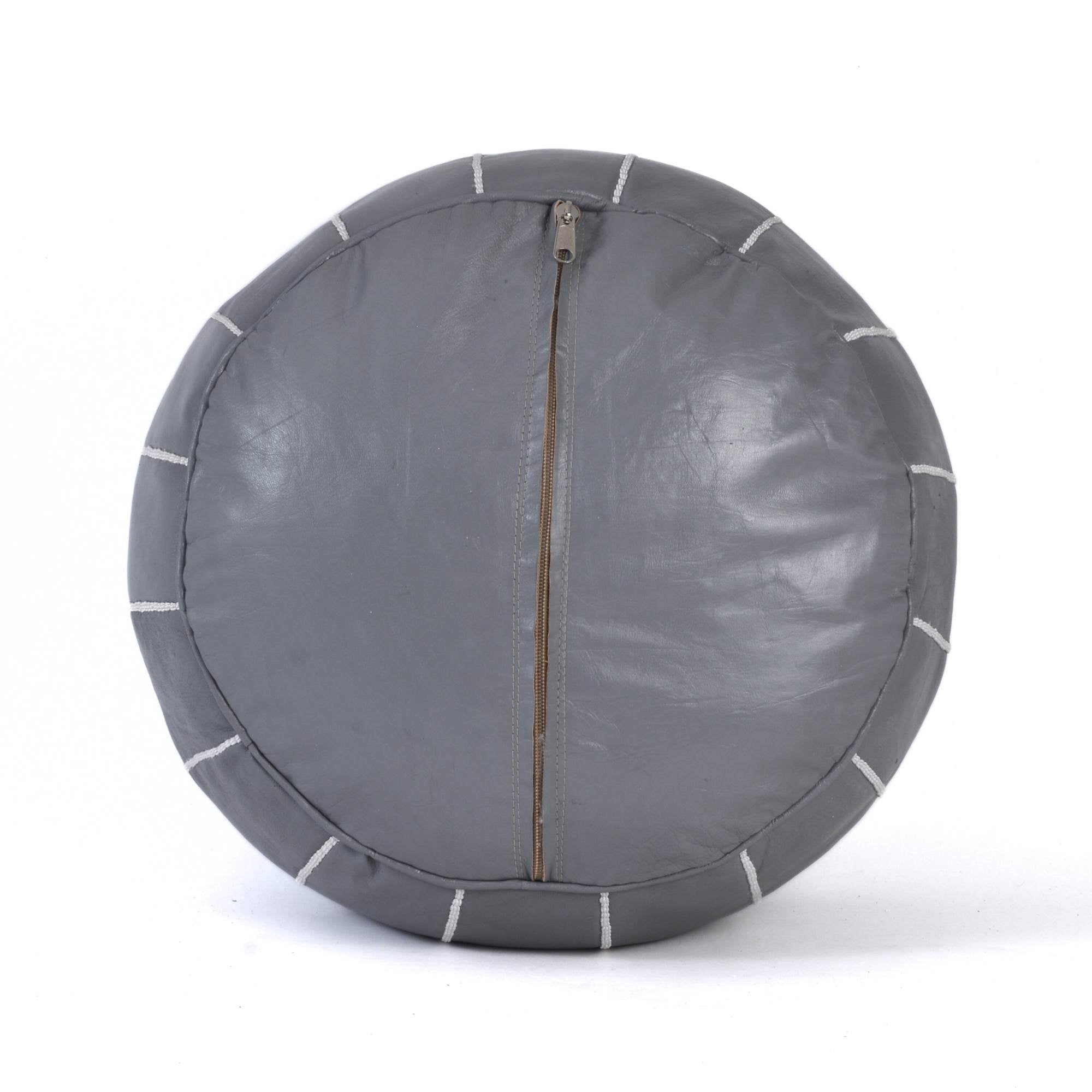 Hand-stitched Embroidery Genuine Leather Ottoman Pouf - Gray White