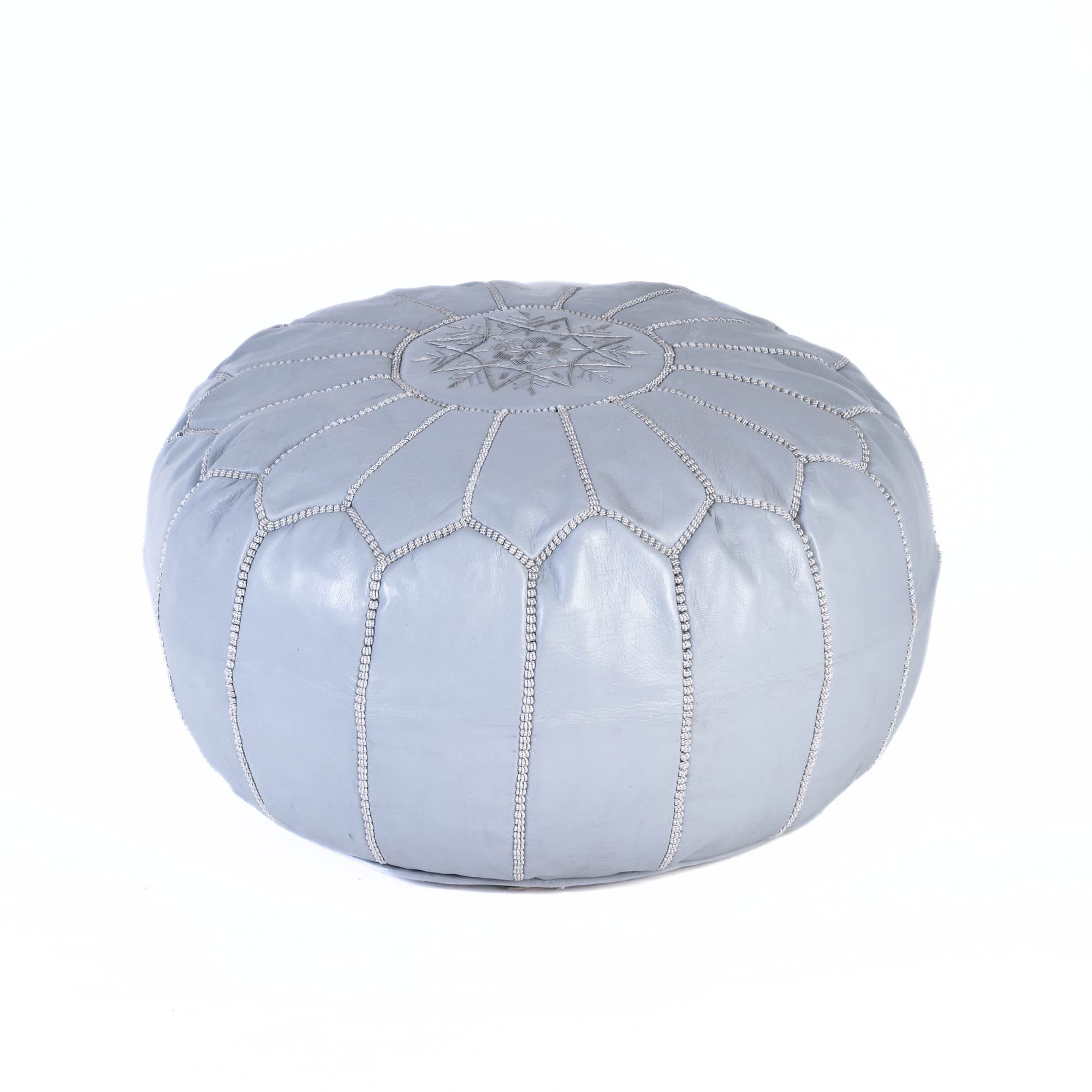 Hand-stitched Embroidery Genuine Leather Ottoman Pouf - Light Gray
