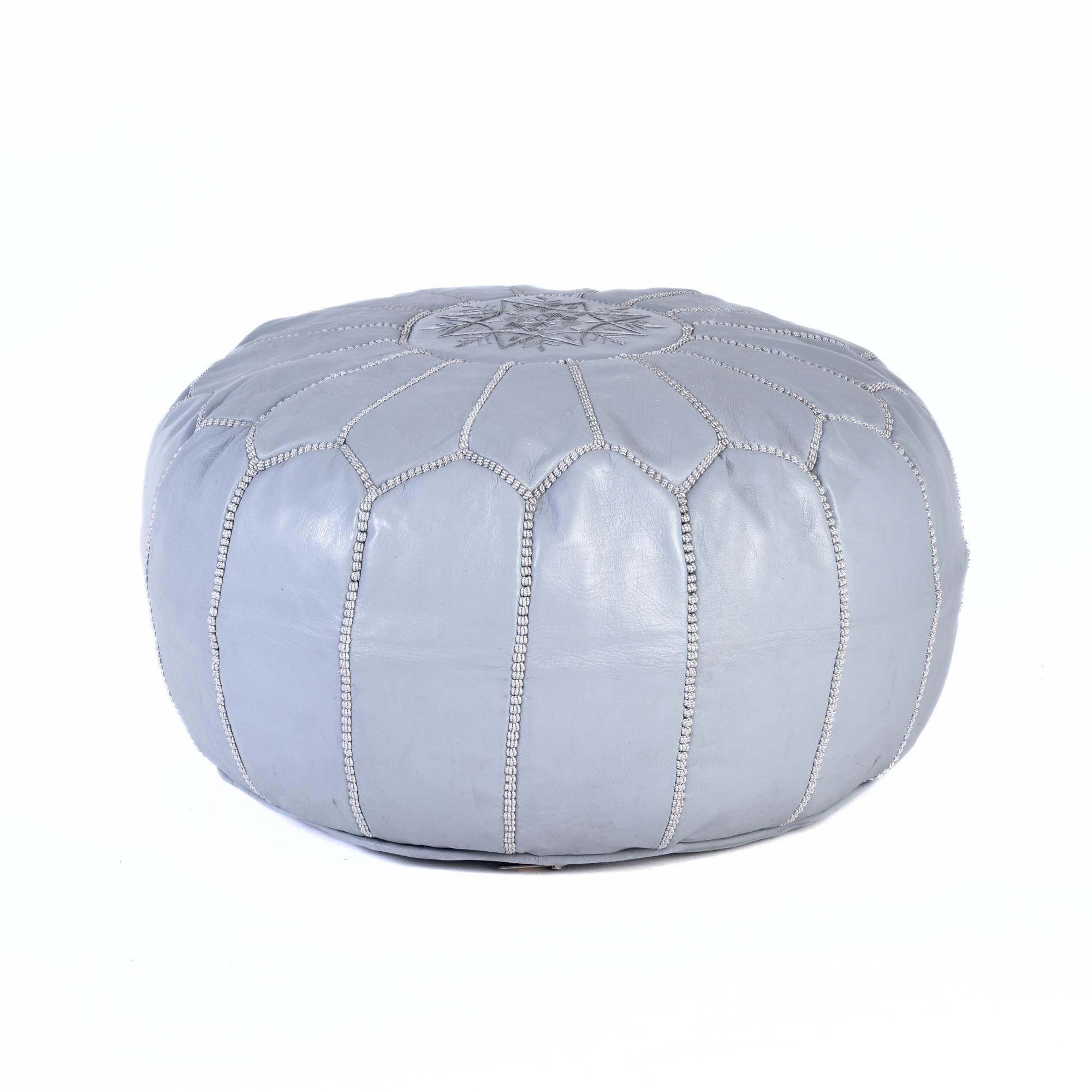Hand-stitched Embroidery Genuine Leather Ottoman Pouf - Light Gray