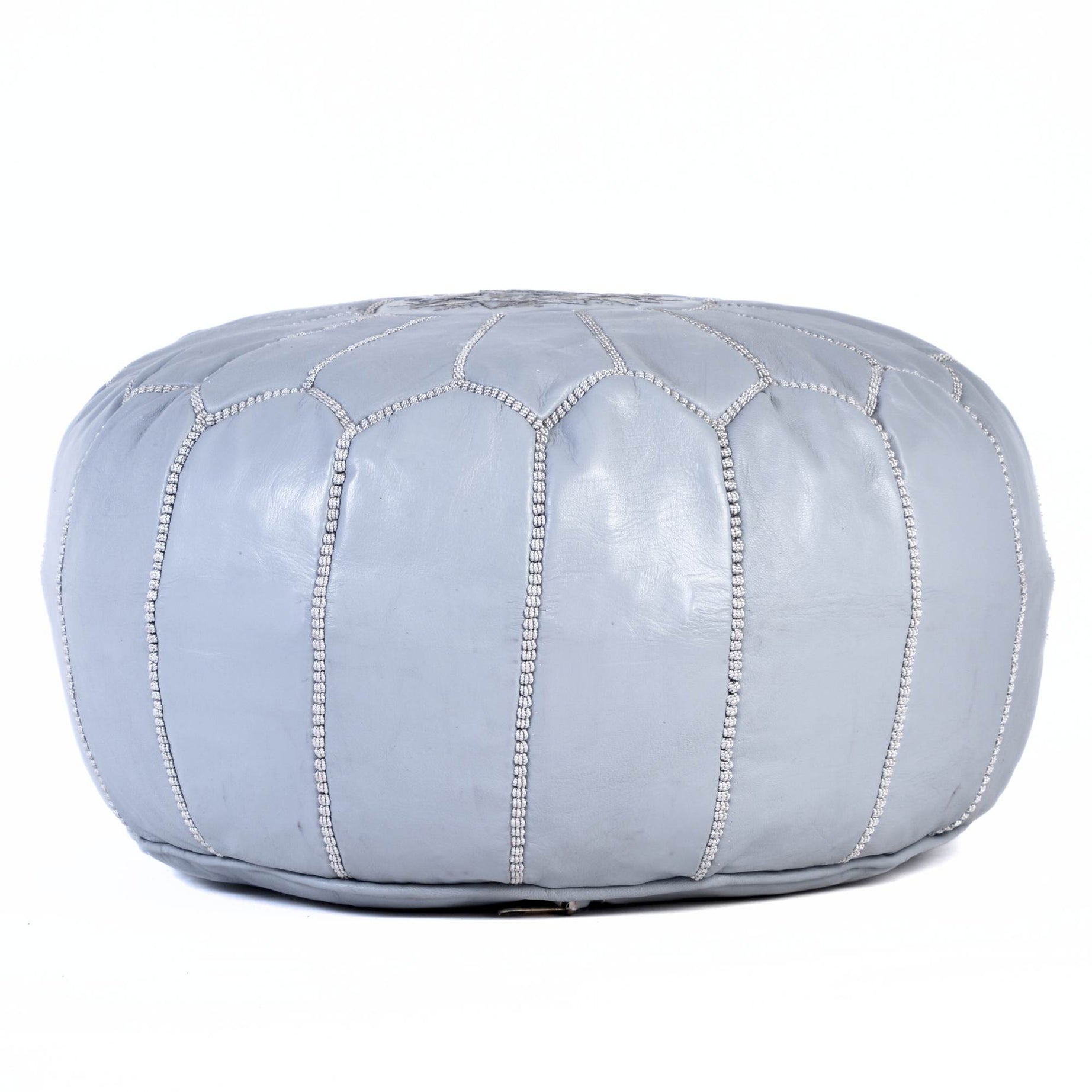 Hand-stitched Embroidery Genuine Leather Ottoman Pouf - Light Gray