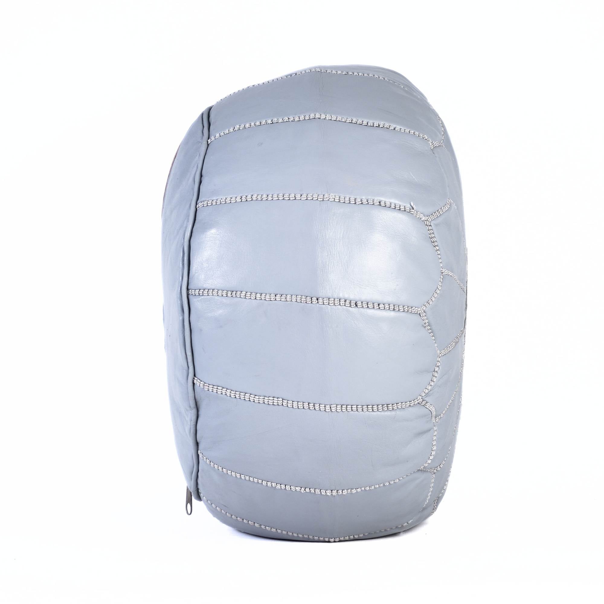 Hand-stitched Embroidery Genuine Leather Ottoman Pouf - Light Gray