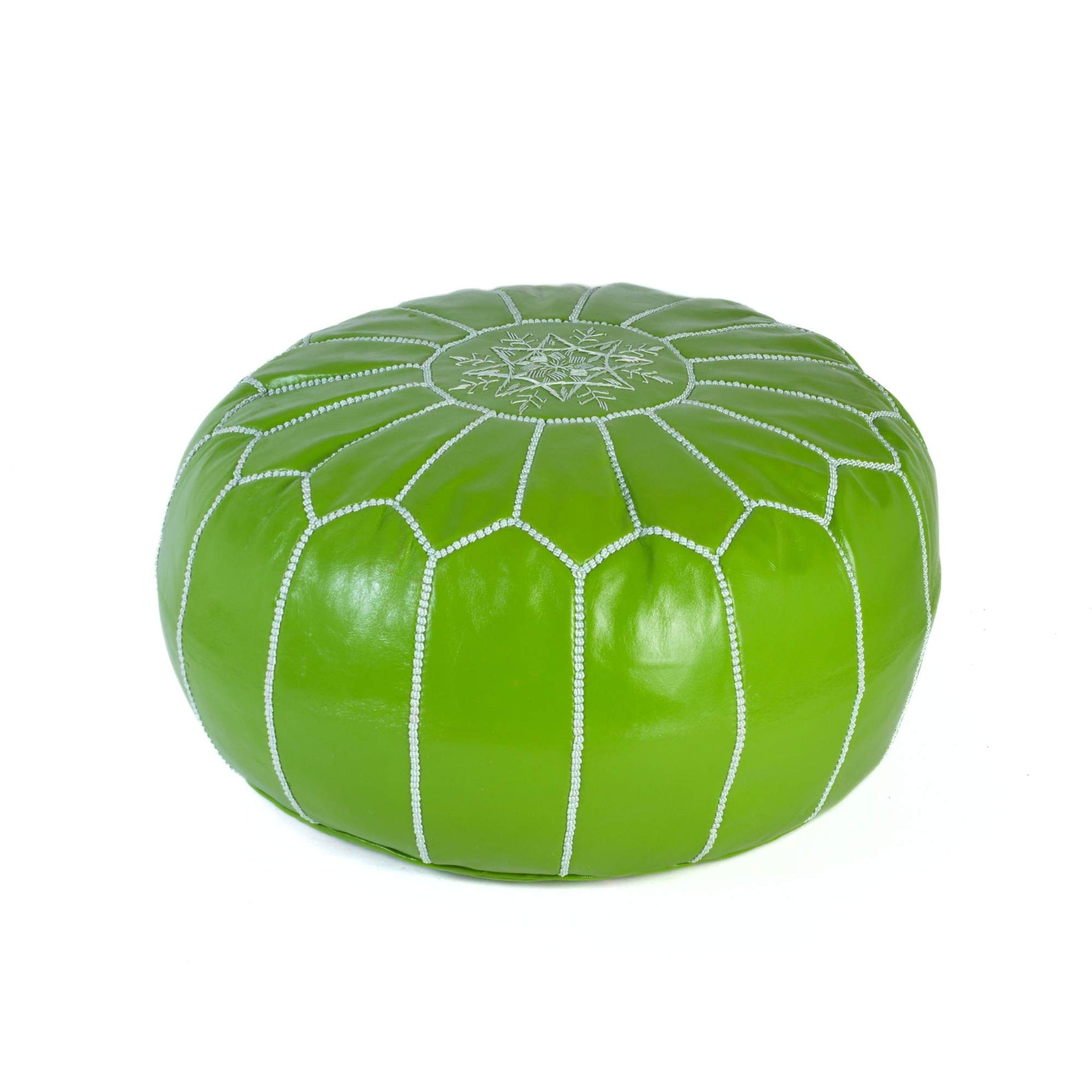 Hand-stitched Embroidery Genuine Leather Ottoman Pouf - Light Green