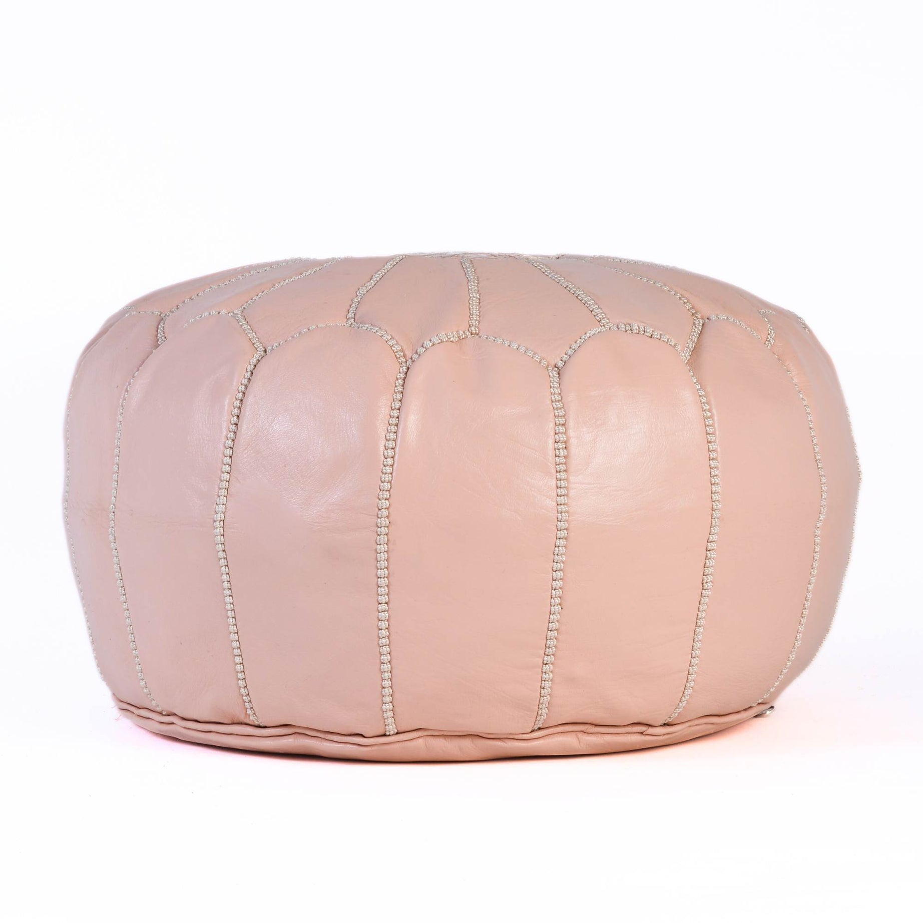 Hand-stitched Embroidery Genuine Leather Ottoman Pouf - Light Pink