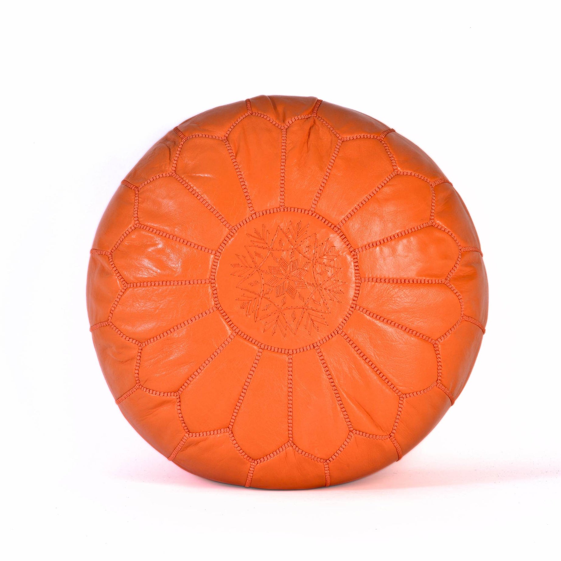 Hand-stitched Embroidery Genuine Leather Ottoman Pouf - Orange