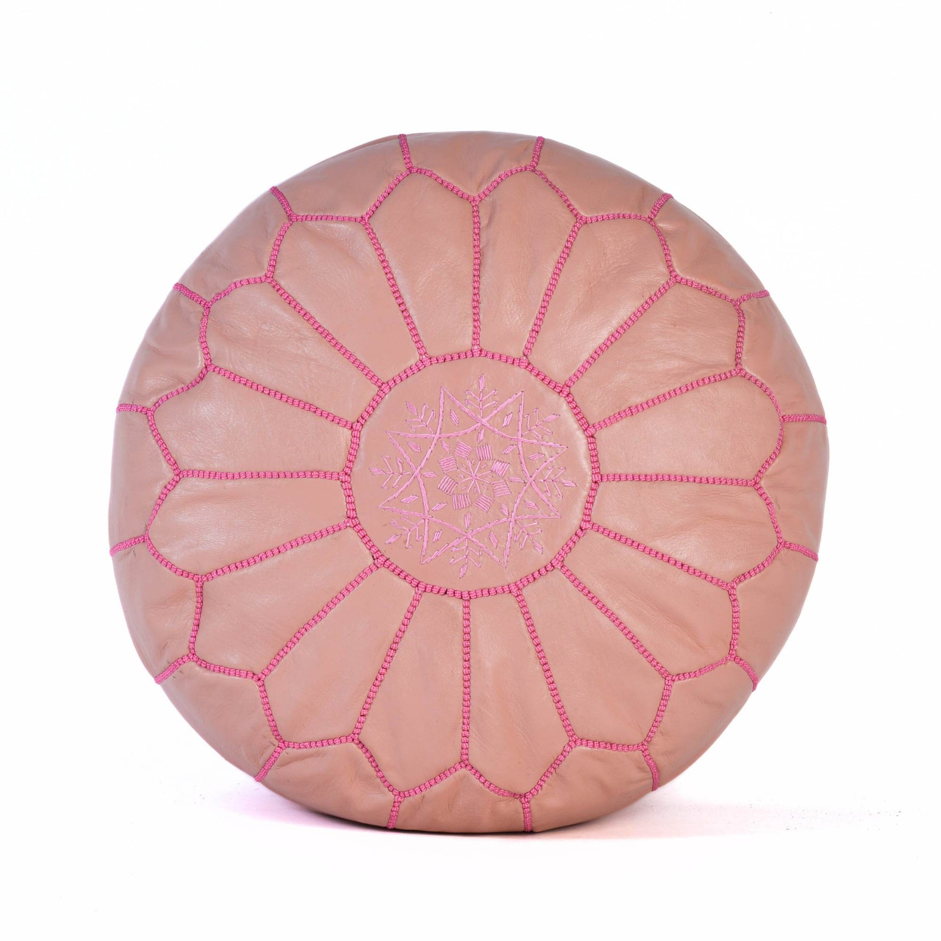 Hand-stitched Embroidery Genuine Leather Ottoman Pouf - Pink