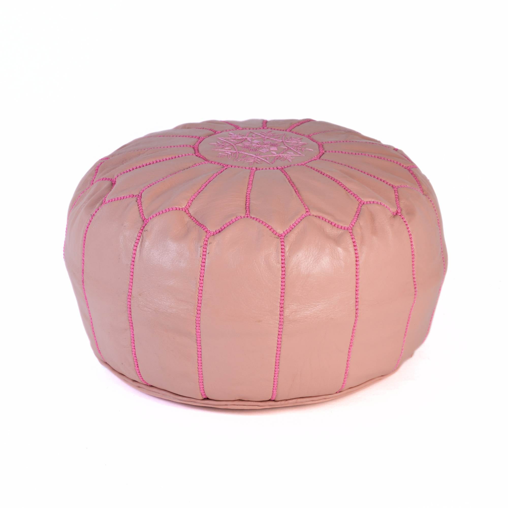 Hand-stitched Embroidery Genuine Leather Ottoman Pouf - Pink