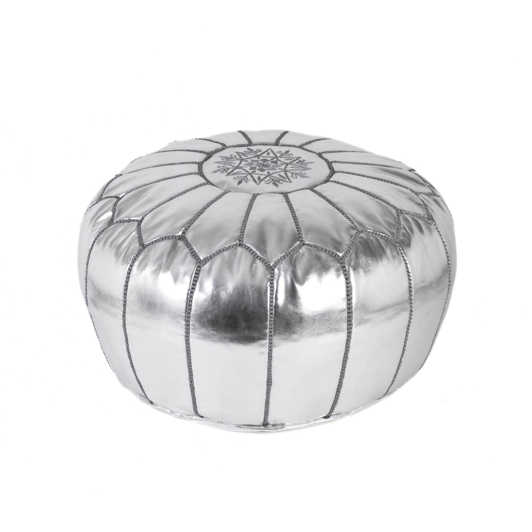 Hand-stitched Embroidery Genuine Leather Ottoman Pouf - Silver