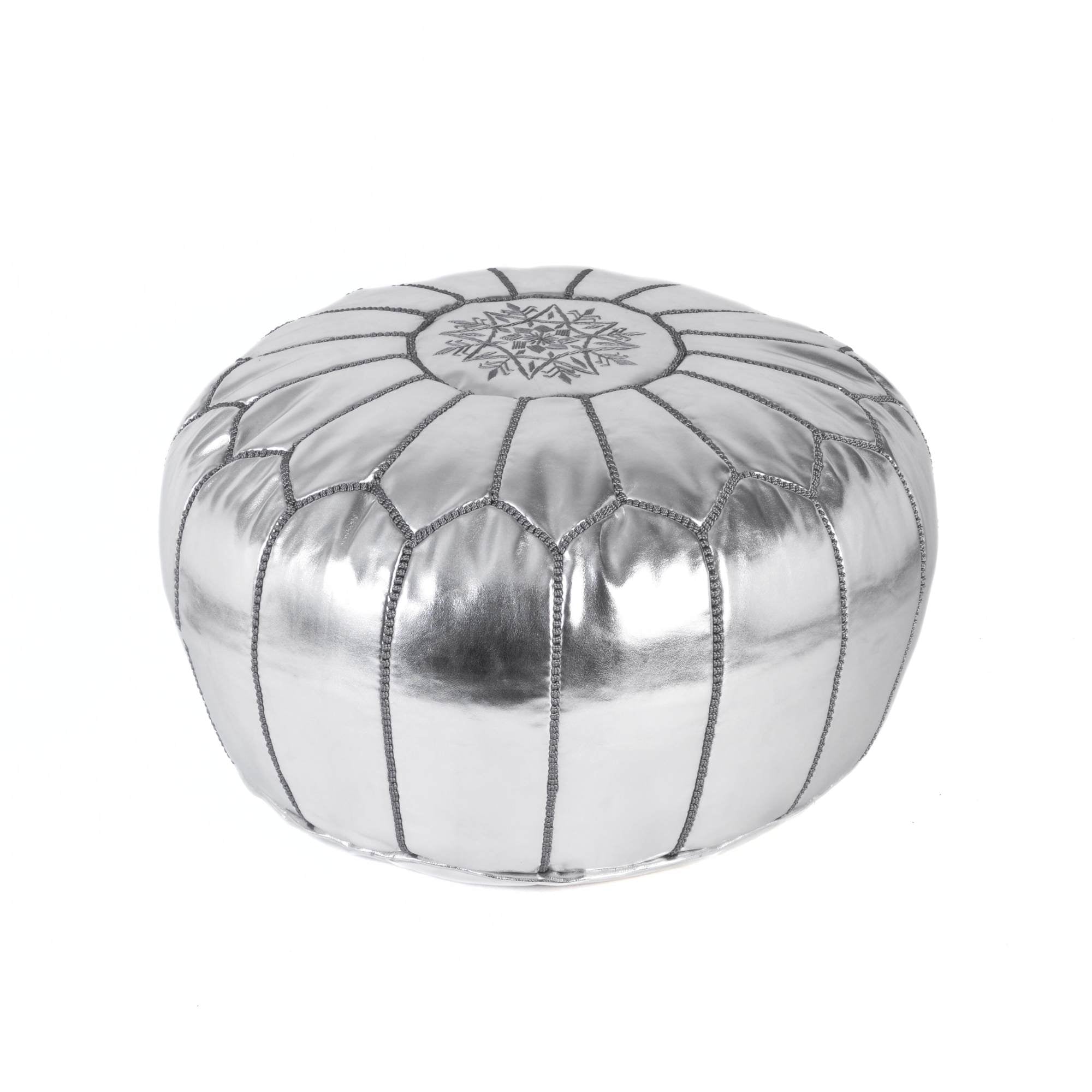 Hand-stitched Embroidery Genuine Leather Ottoman Pouf - Silver