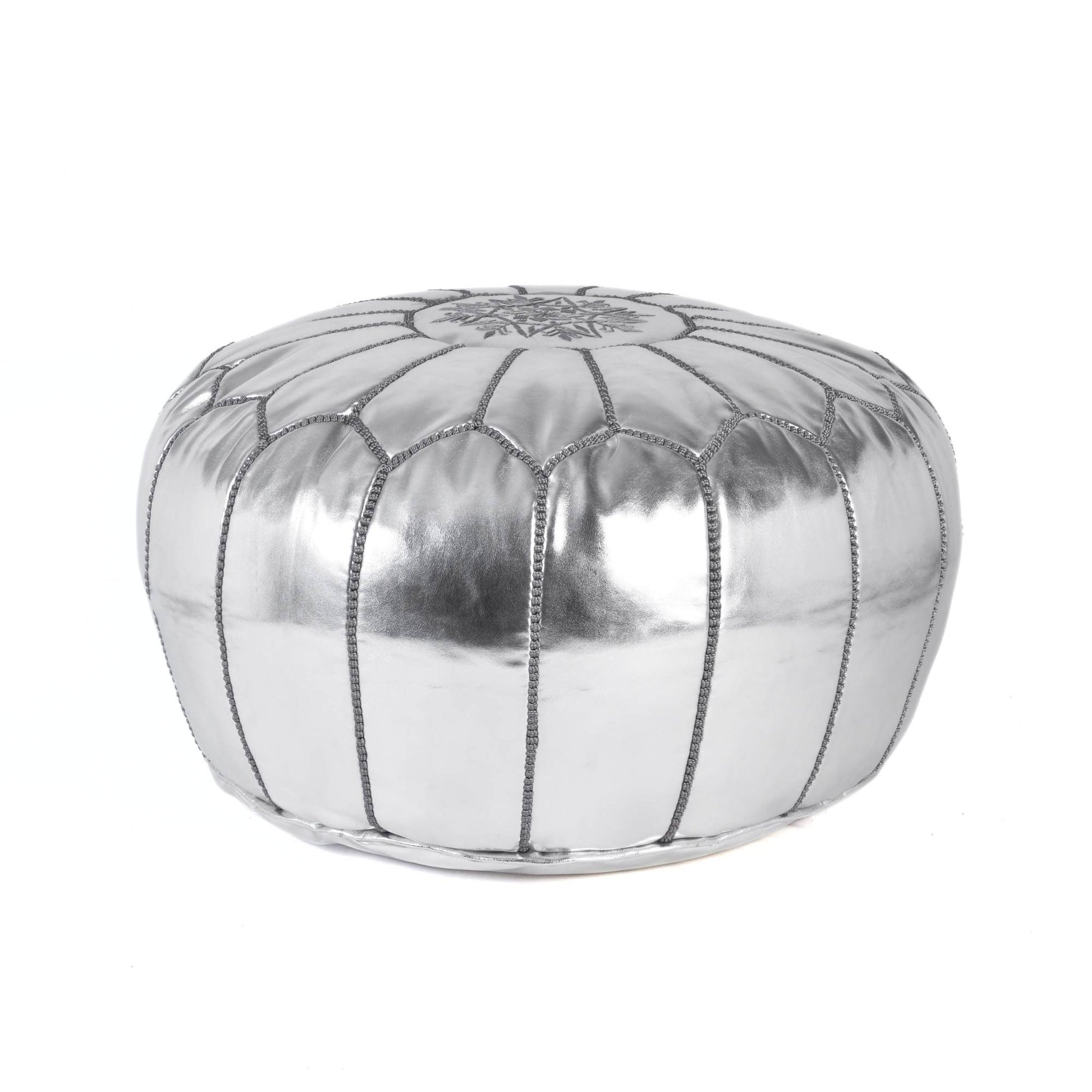 Hand-stitched Embroidery Genuine Leather Ottoman Pouf - Silver