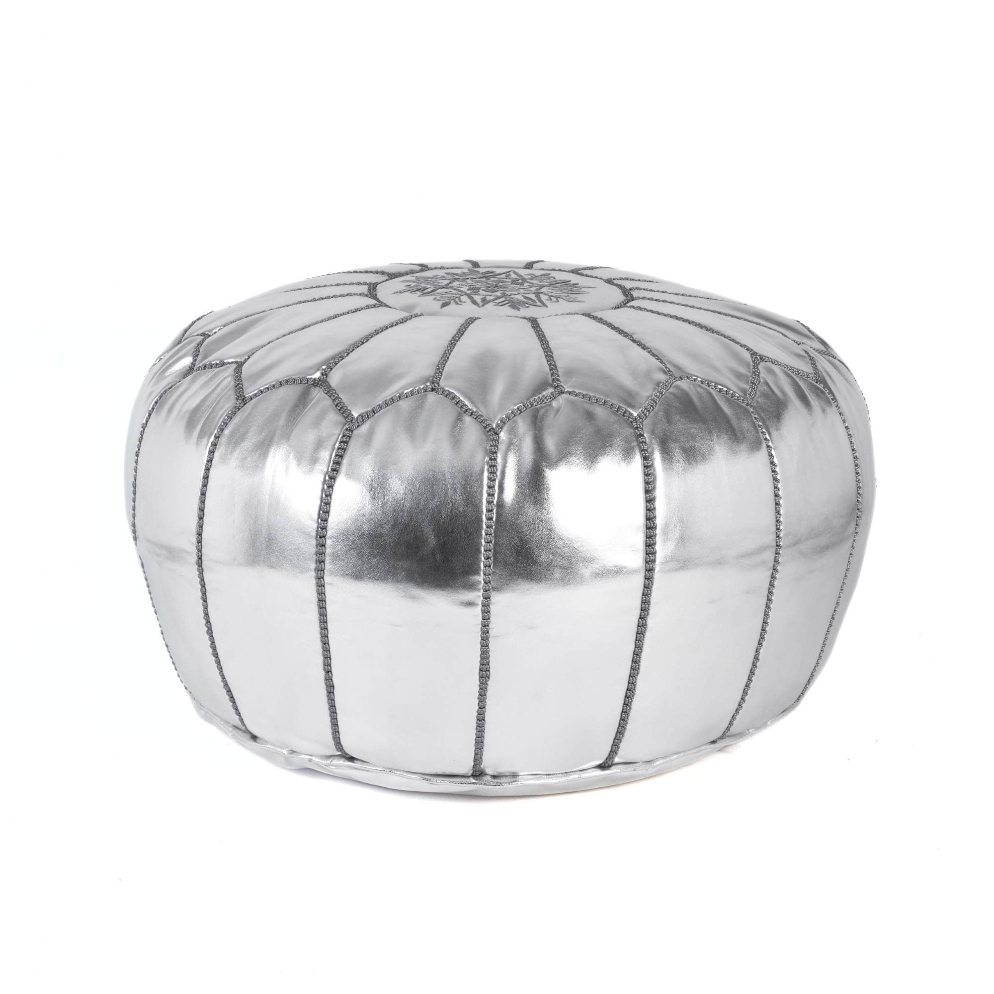 Hand-stitched Embroidery Genuine Leather Ottoman Pouf - Silver