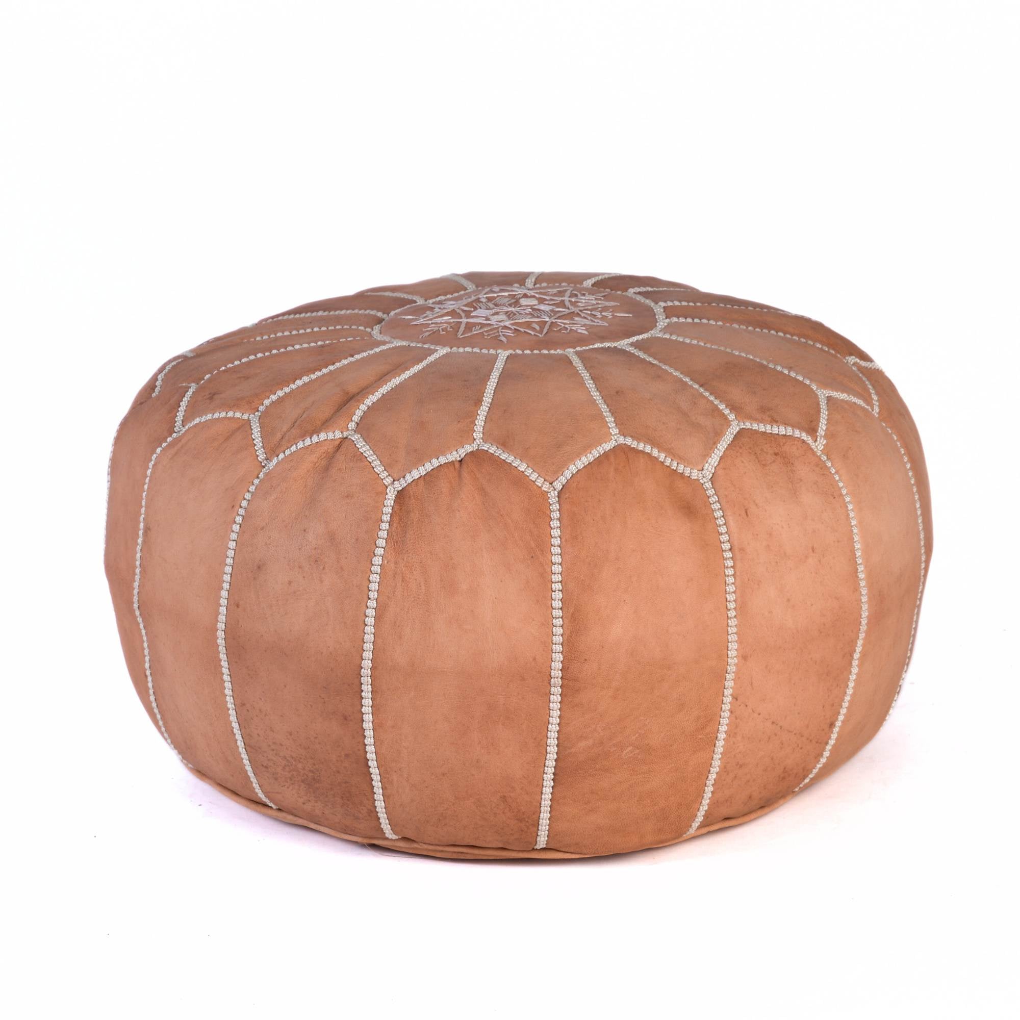 Hand-stitched Embroidery Genuine Leather Ottoman Pouf - Tan Brown
