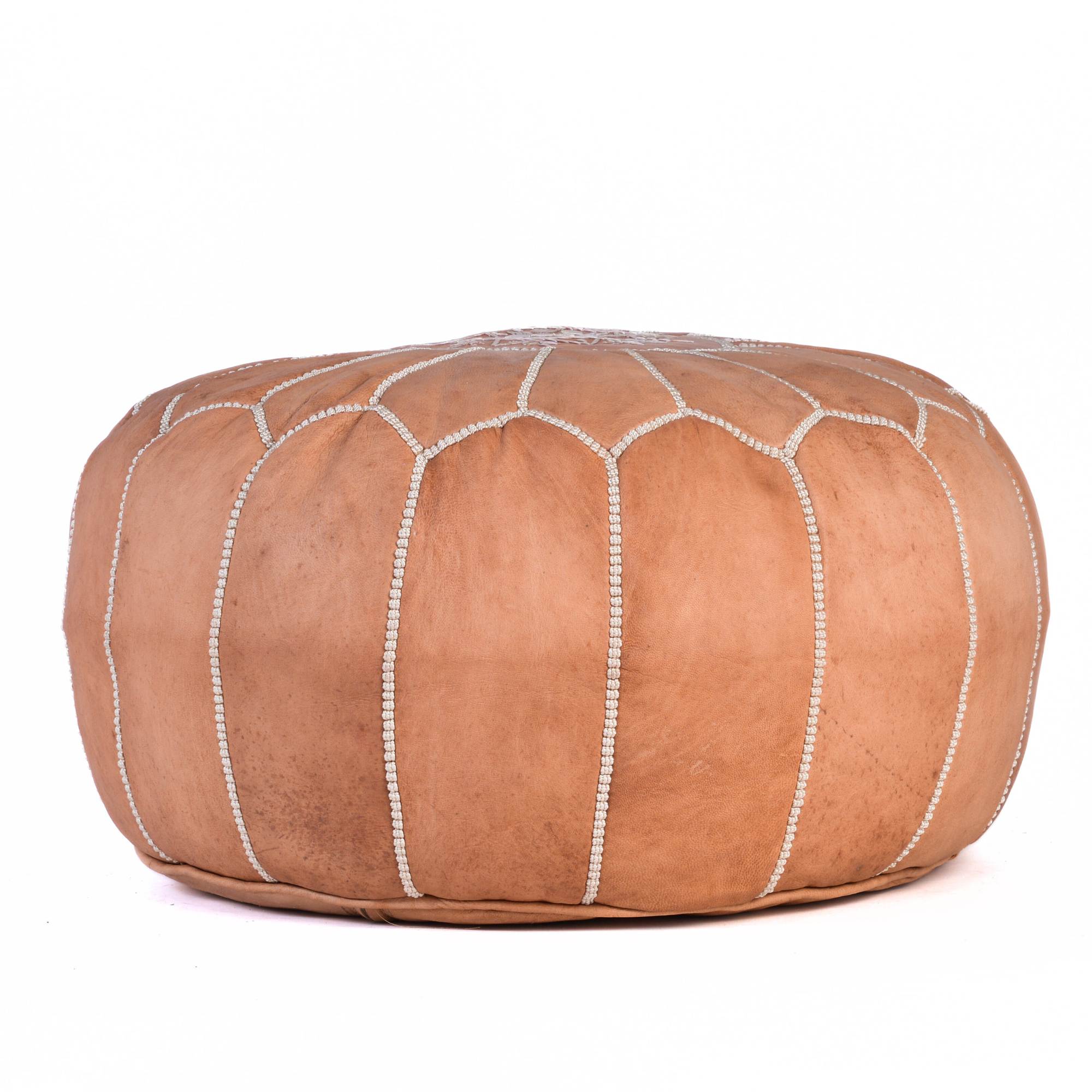 Hand-stitched Embroidery Genuine Leather Ottoman Pouf - Tan Brown