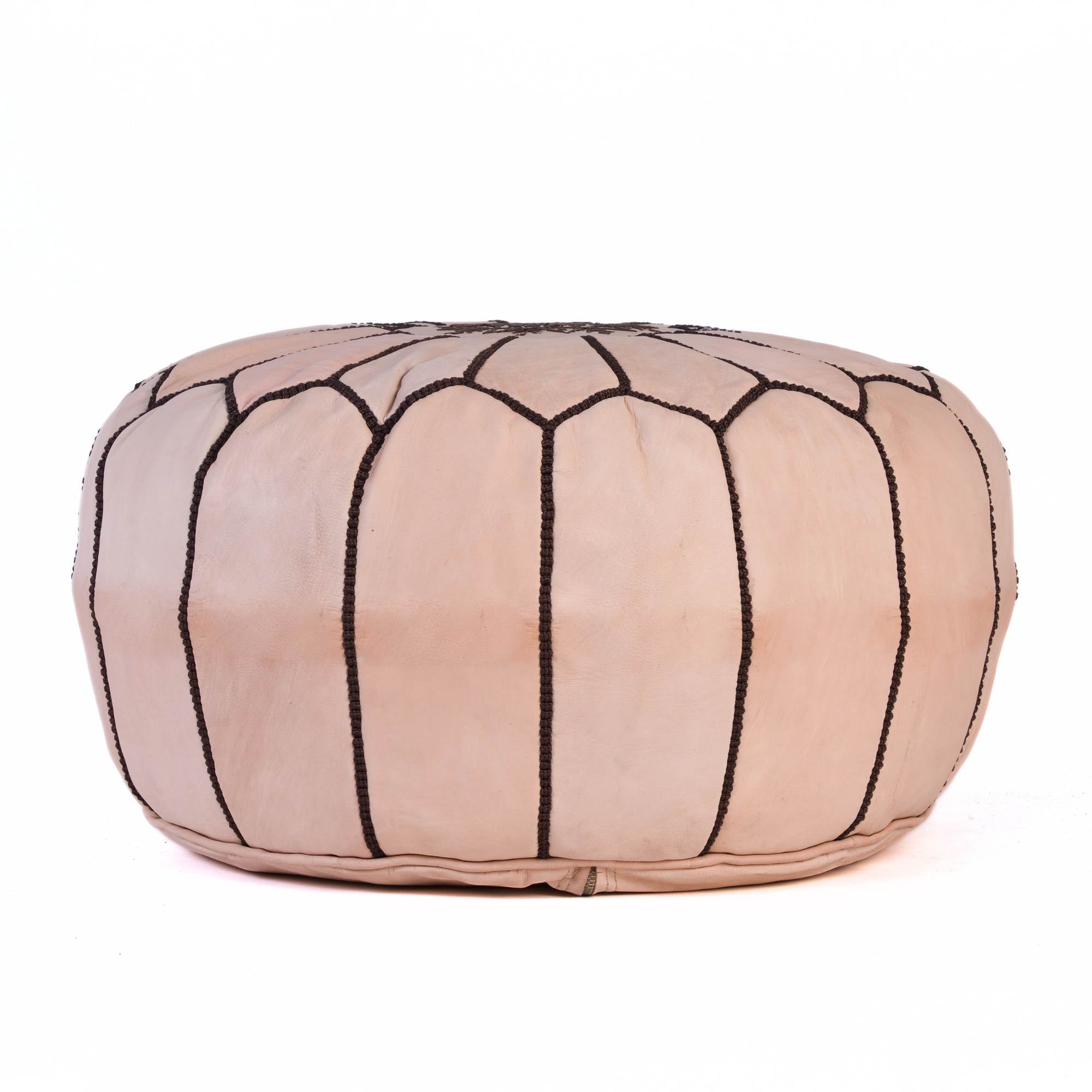 Hand-stitched Embroidery Genuine Leather Ottoman Pouf - Tan Natural